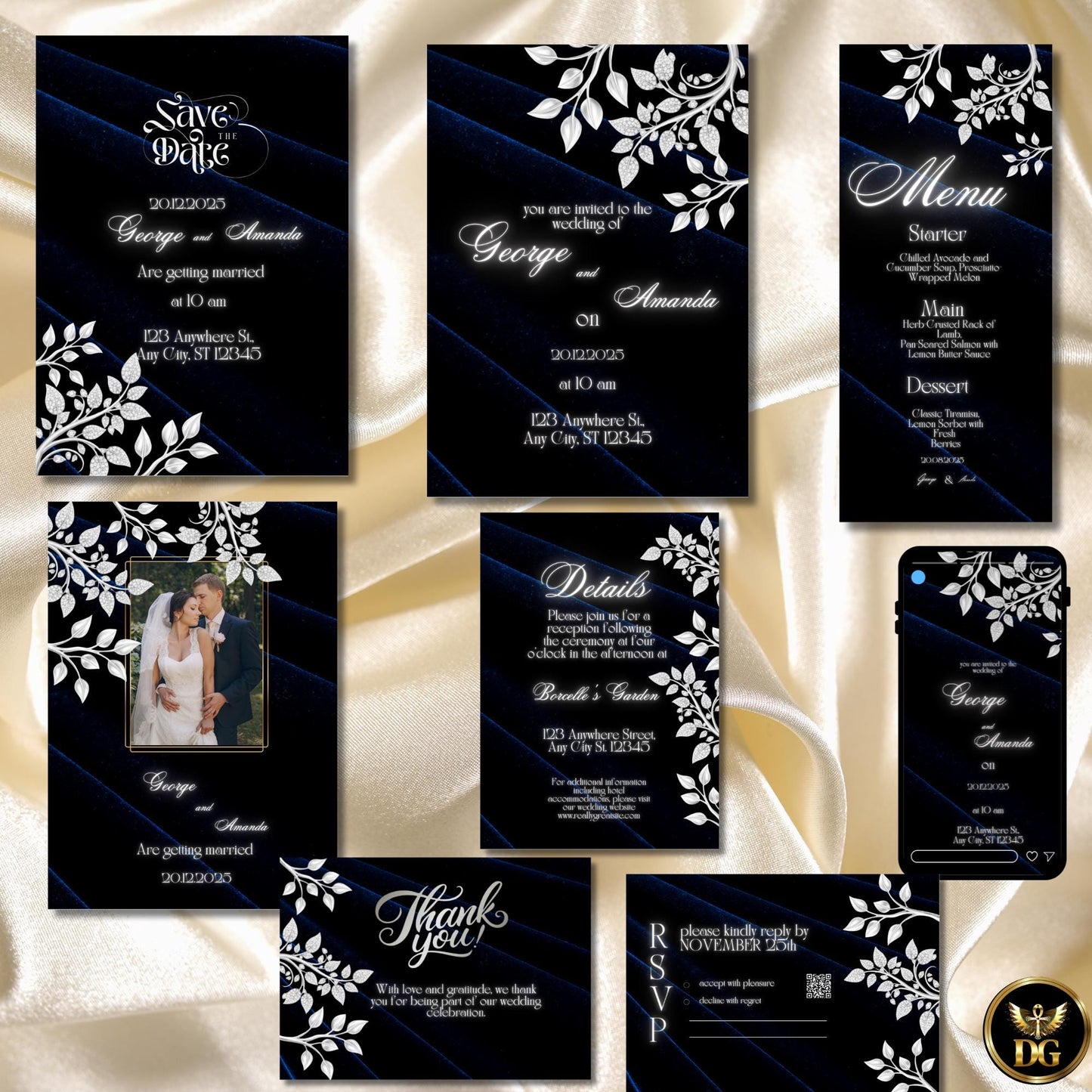 Navy Royal Velvet & White-Gold Diamond Wedding Suite | Luxury Canva Templates for Elegant Royal-Themed Weddings Premium Invitations