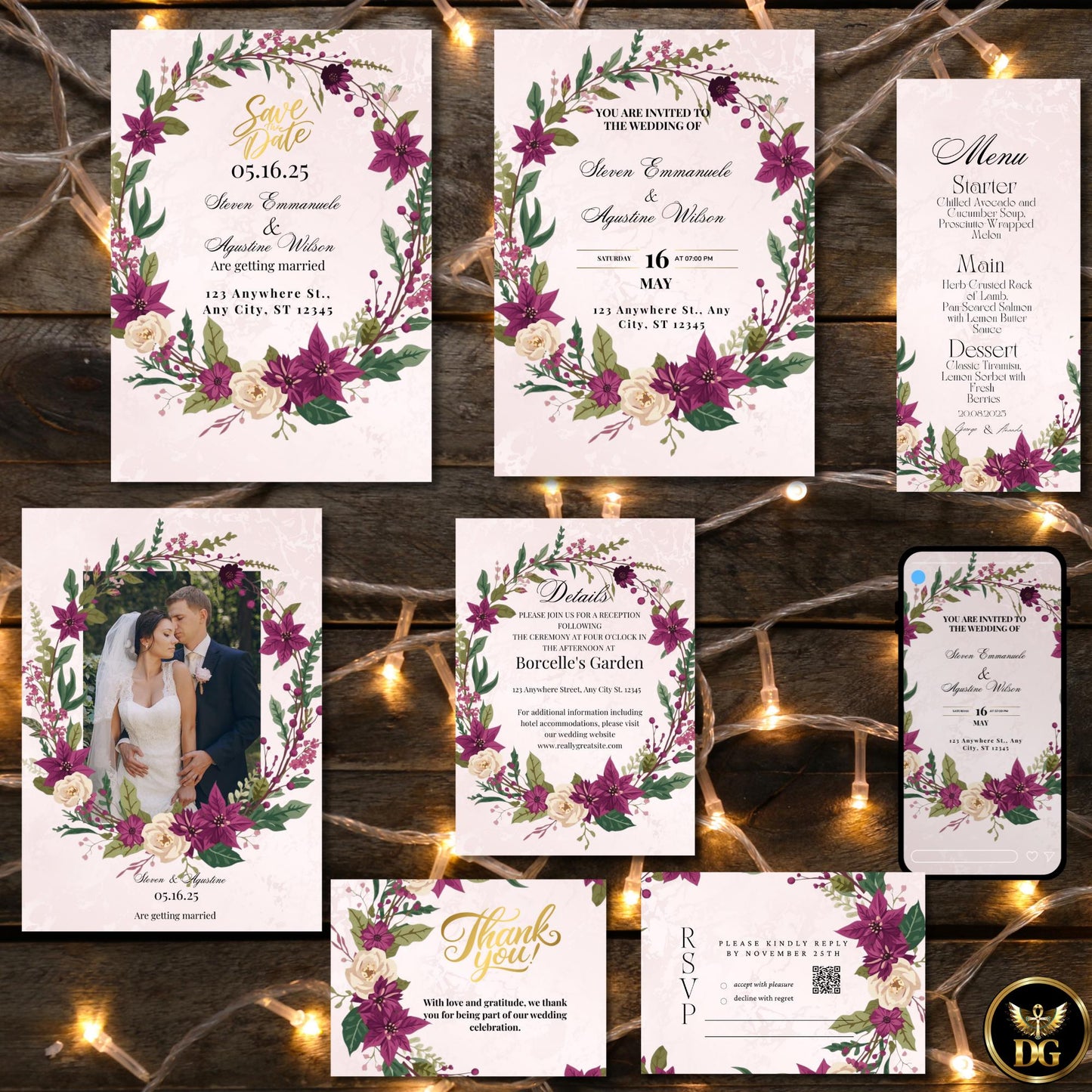 Purple Poinsettia Christmas Wreath Wedding Invitation Bundle | Pastel Pink Winter Wedding Stationery | Holiday Floral Design