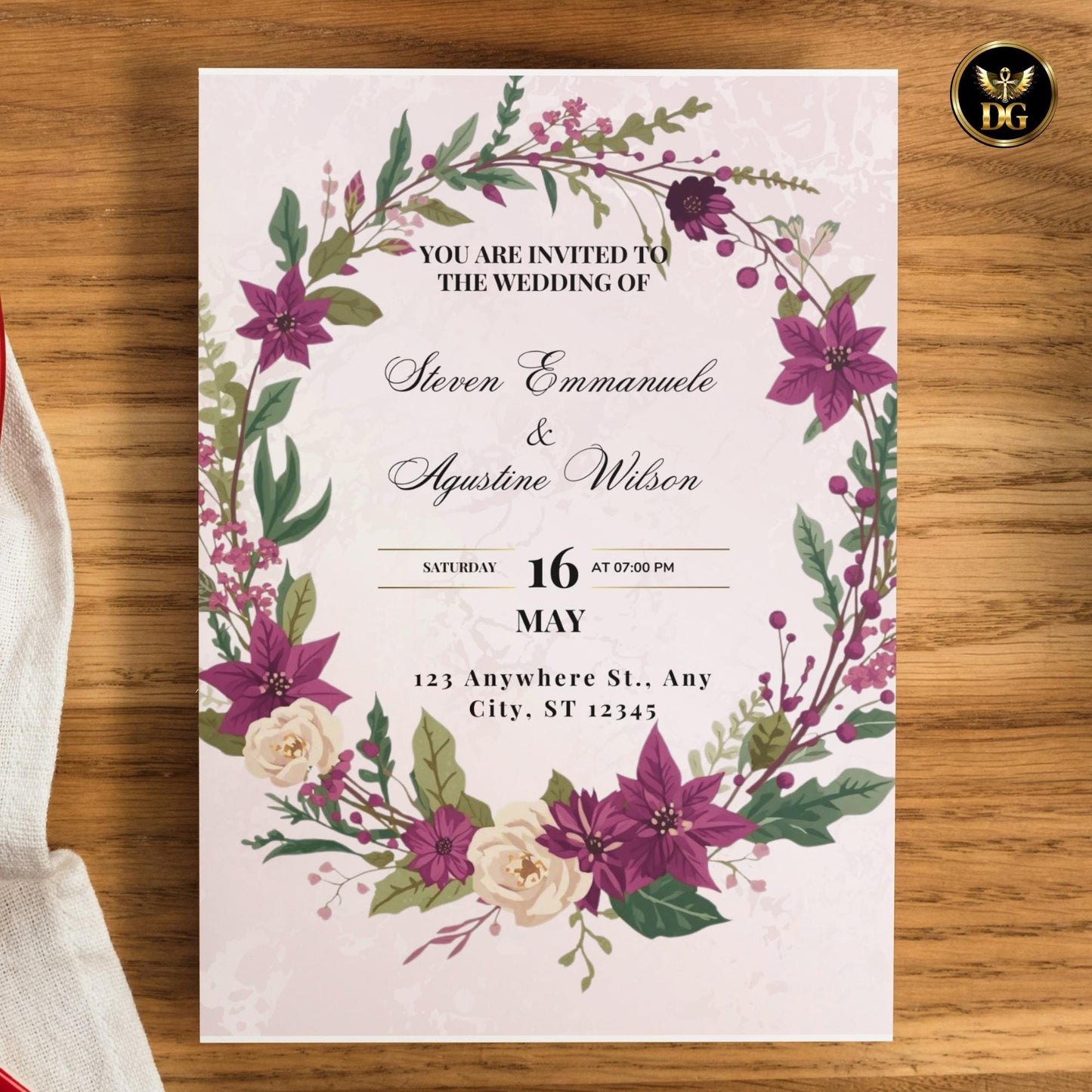 Purple Poinsettia Christmas Wreath Wedding Invitation Bundle | Pastel Pink Winter Wedding Stationery | Holiday Floral Design