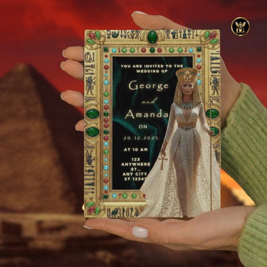 Emerald Velvet Egyptian Wedding Invitation | Nefertiti Gold Ankh Invite | Luxury Digital Bandal