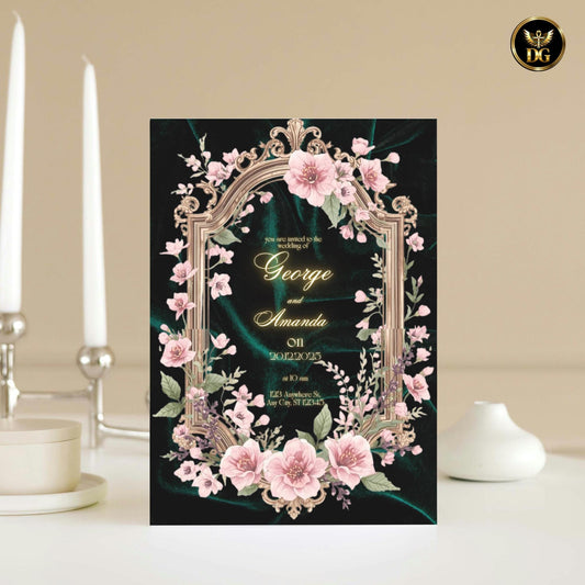 Luxury Emerald Green Velvet Gold Foil Arch Wedding Invitation Suite Blush Floral Digital Printable 2025 Trend