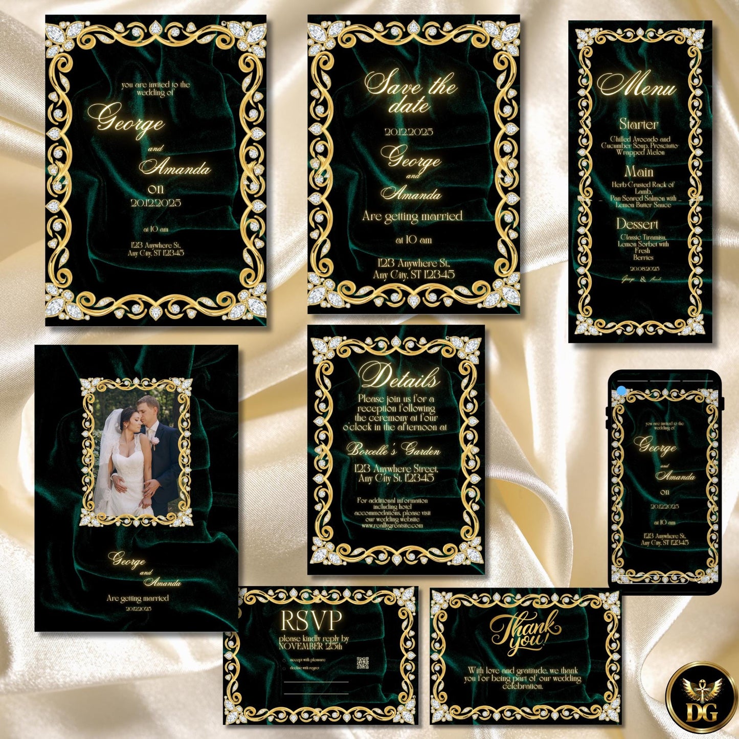 Emerald Gold & Diamond Luxury Wedding Invitation | Elegant Bandal-Inspired Canva Template | Royal Green Velvet Design