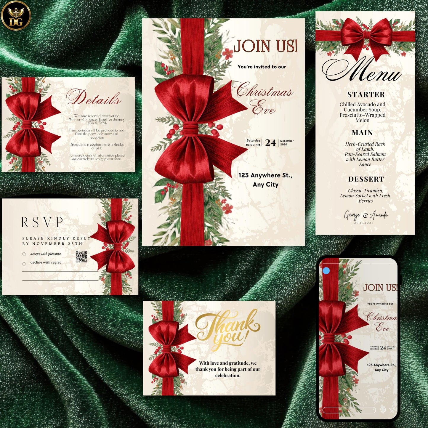 Elegant Cream & Gold Christmas Invitation Set | Vertical Bow Design | Editable Canva Templates | Holiday Party Bundle