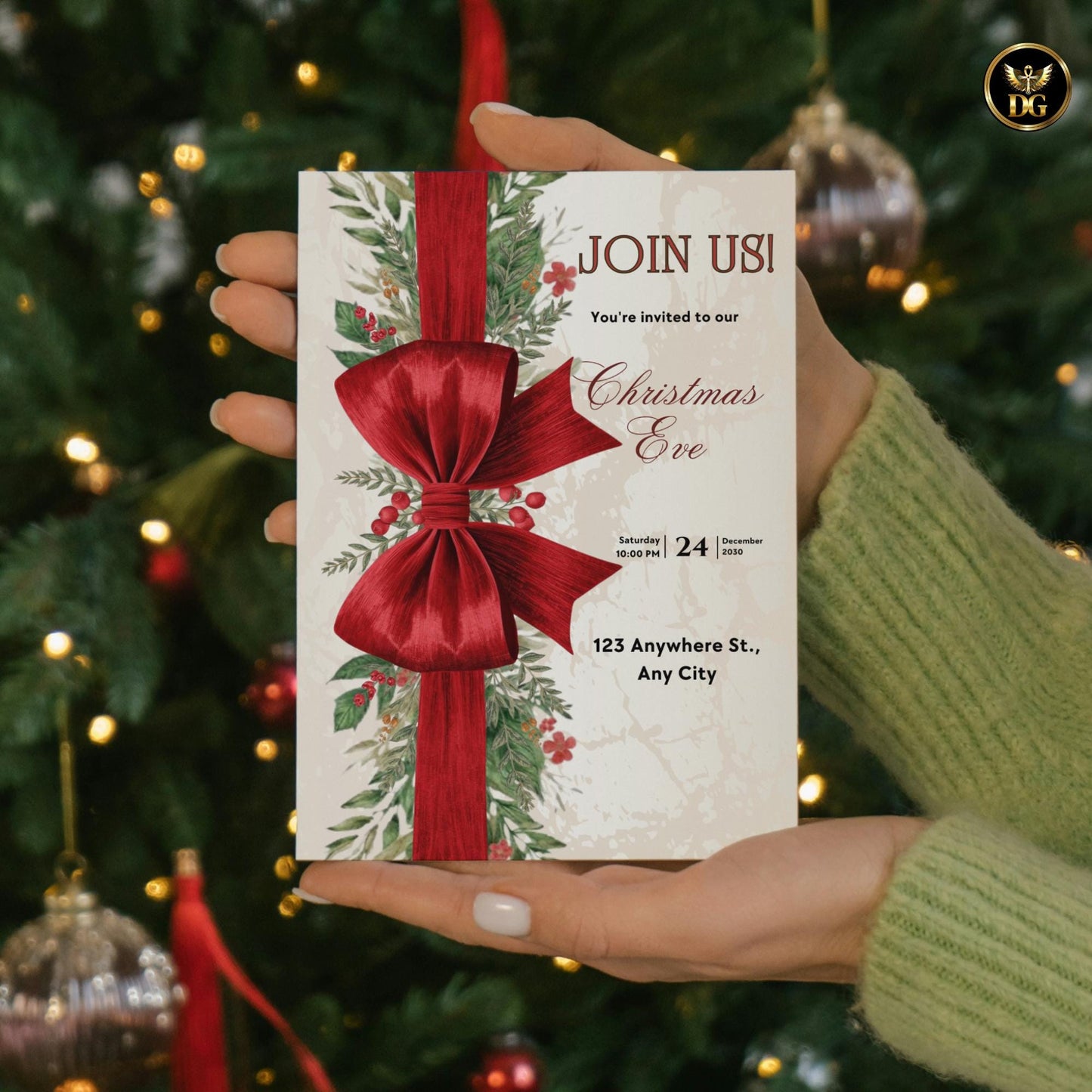 Elegant Cream & Gold Christmas Invitation Set | Vertical Bow Design | Editable Canva Templates | Holiday Party Bundle