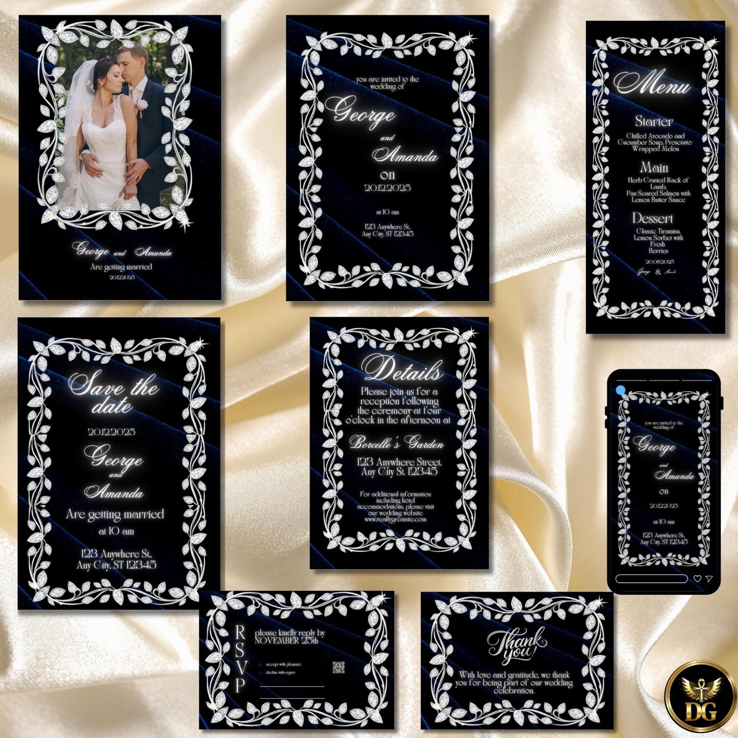 Navy Velvet & White Gold Diamond Wedding Invitation Suite | Luxury Bandal-Inspired Canva Template | Elegant Royal Printable Design