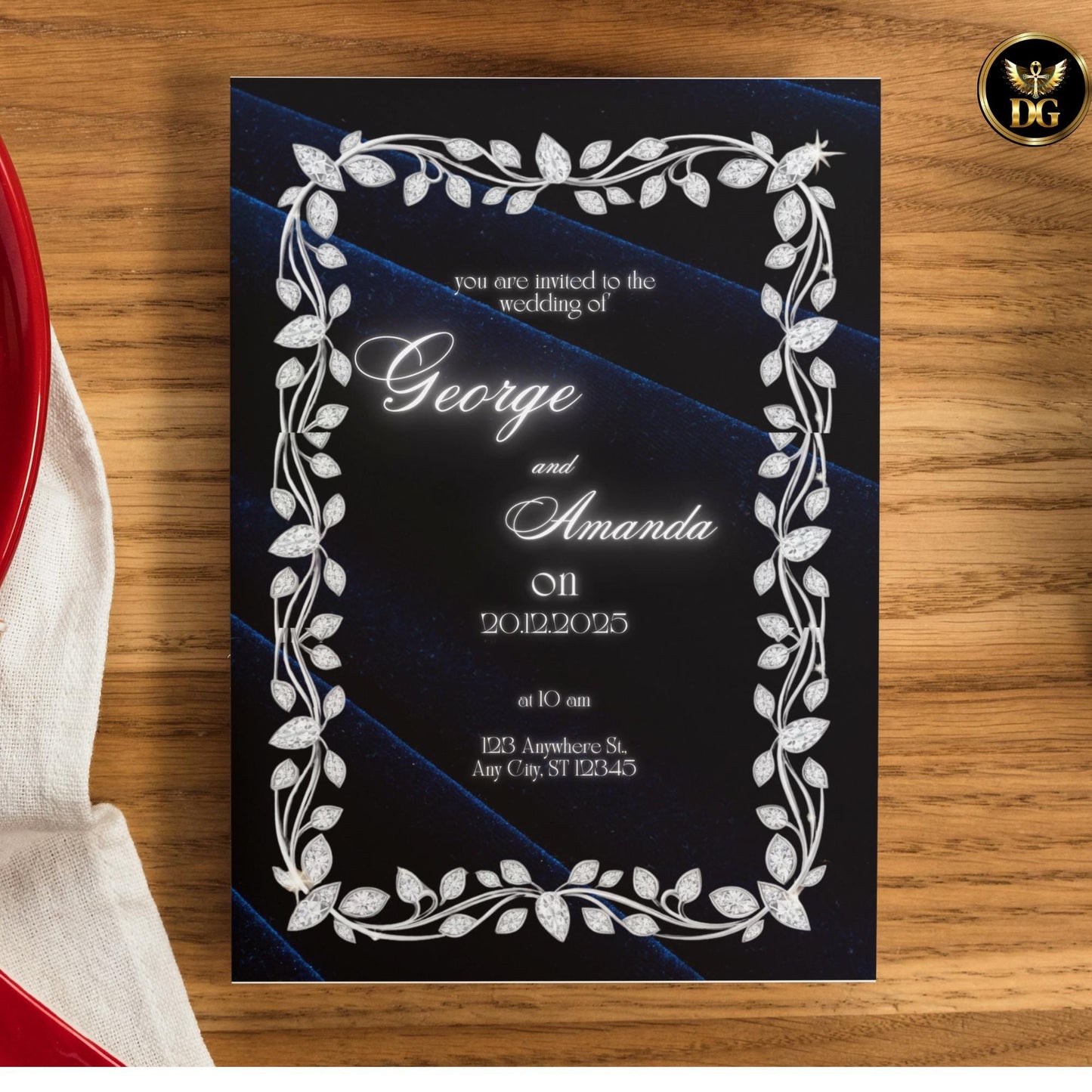 Navy Velvet & White Gold Diamond Wedding Invitation Suite | Luxury Bandal-Inspired Canva Template | Elegant Royal Printable Design
