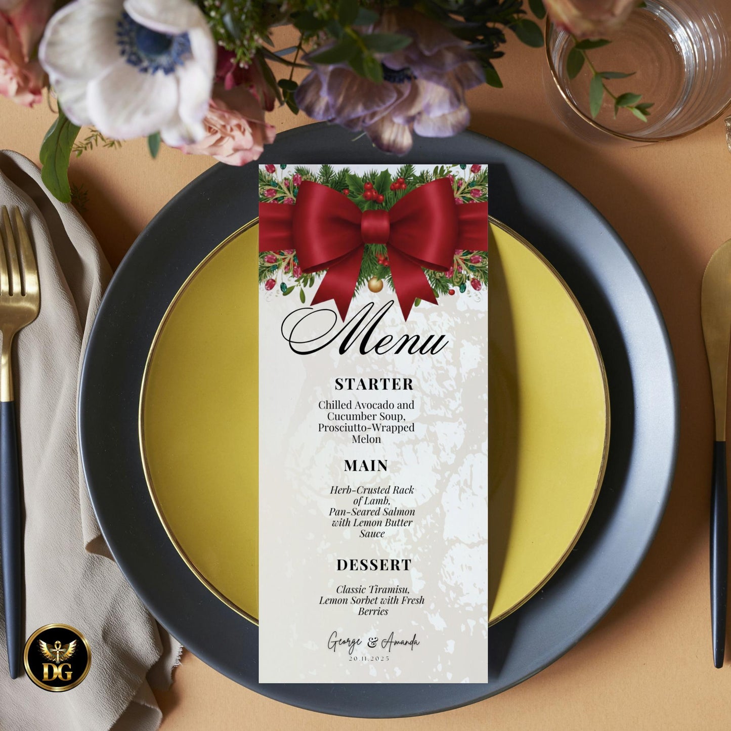 Elegant Christmas Party Invitation Set | Red Bow Canva Template | Gold Holiday Invite Bundle | Printable Xmas Cards