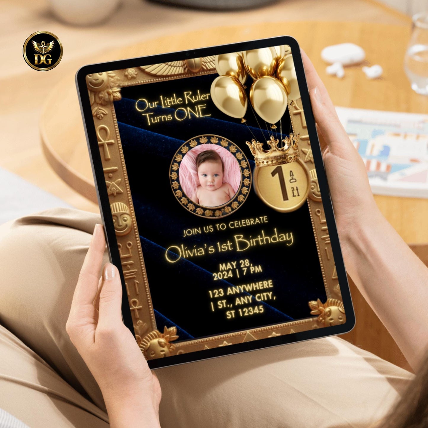 Our Little Ruler Turns ONE Royal Egyptian First Birthday Invitation Editable Canva Template Pharaoh 1st Birthday Photo Card Gold Navy