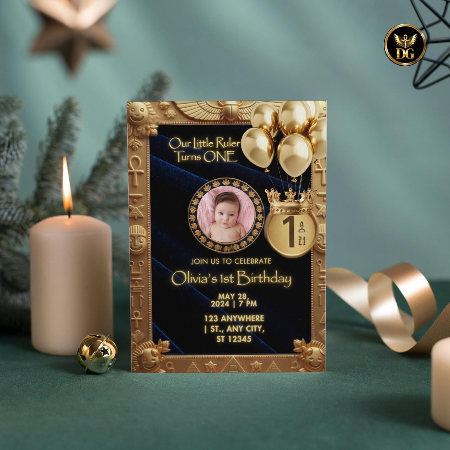 Our Little Ruler Turns ONE Royal Egyptian First Birthday Invitation Editable Canva Template Pharaoh 1st Birthday Photo Card Gold Navy
