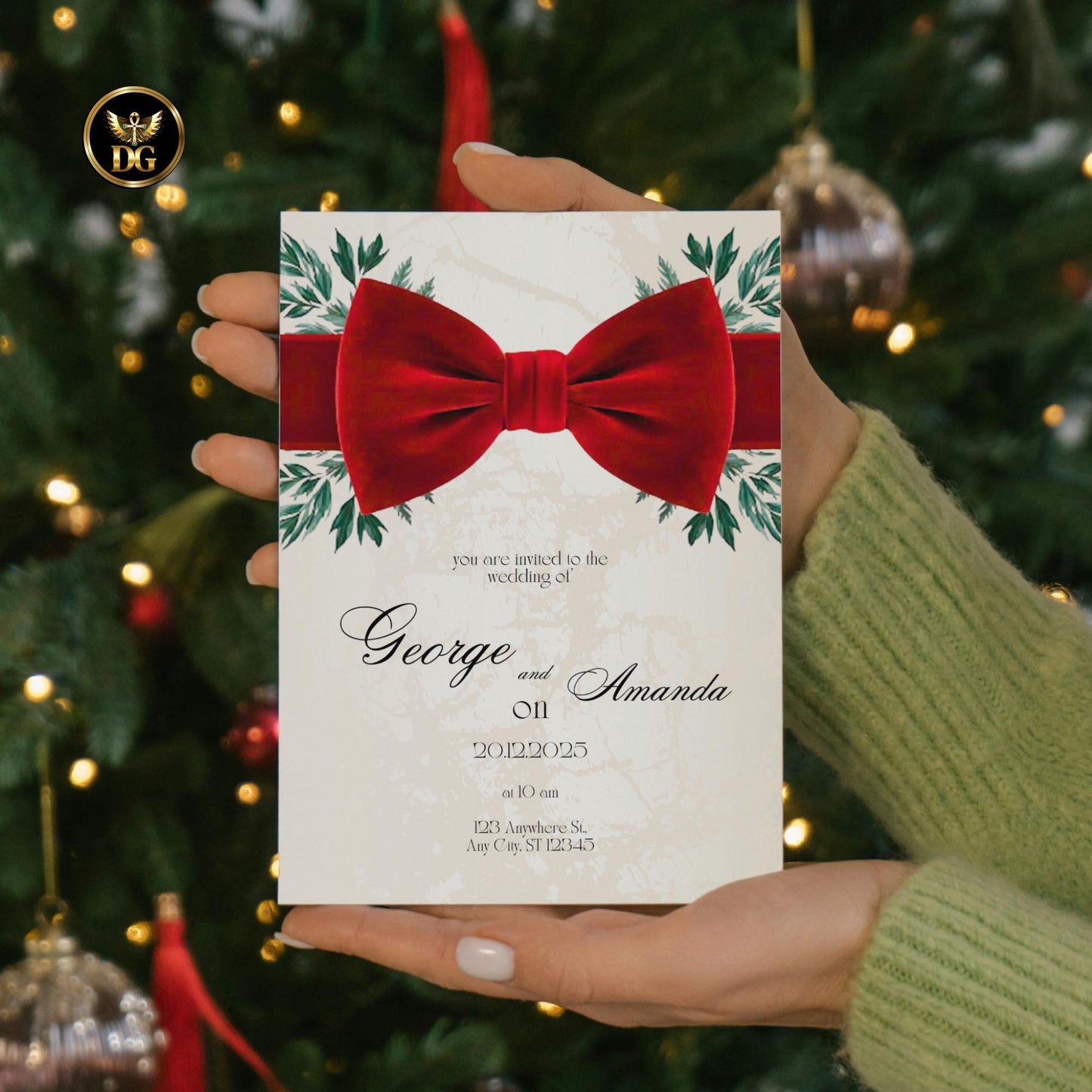 Luxe Velvet Wedding Invitation Suite – Elegant Winter Wedding Templates with Cream-Gold Glow, Red Bow & Evergreen Accents