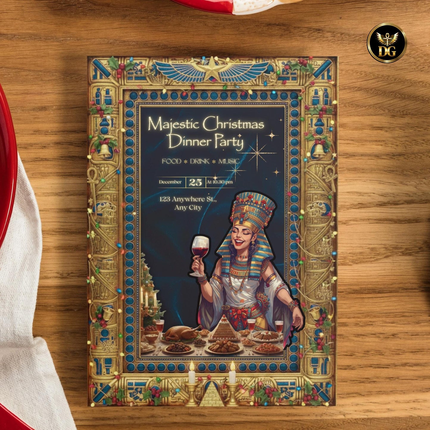 Egyptian Christmas Dinner Party Bundle | Pharaonic Golden Invitation Set | Royal Ancient Egypt Theme Canva Templates for Luxury Events"