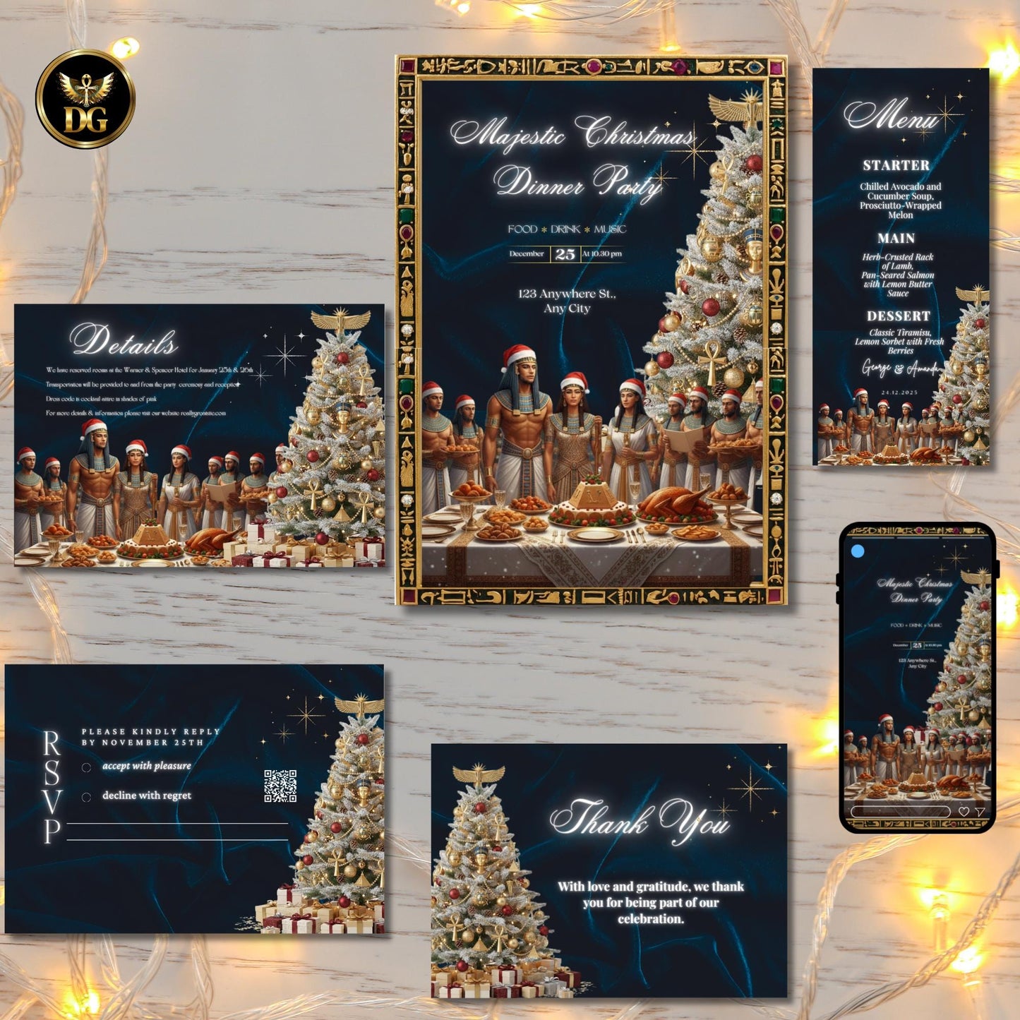 Egyptian Christmas Dinner Party Bundle | Pharaonic Canva Templates | Ancient Egypt Invitations, Menu, RSVP, Holiday Decor Printable