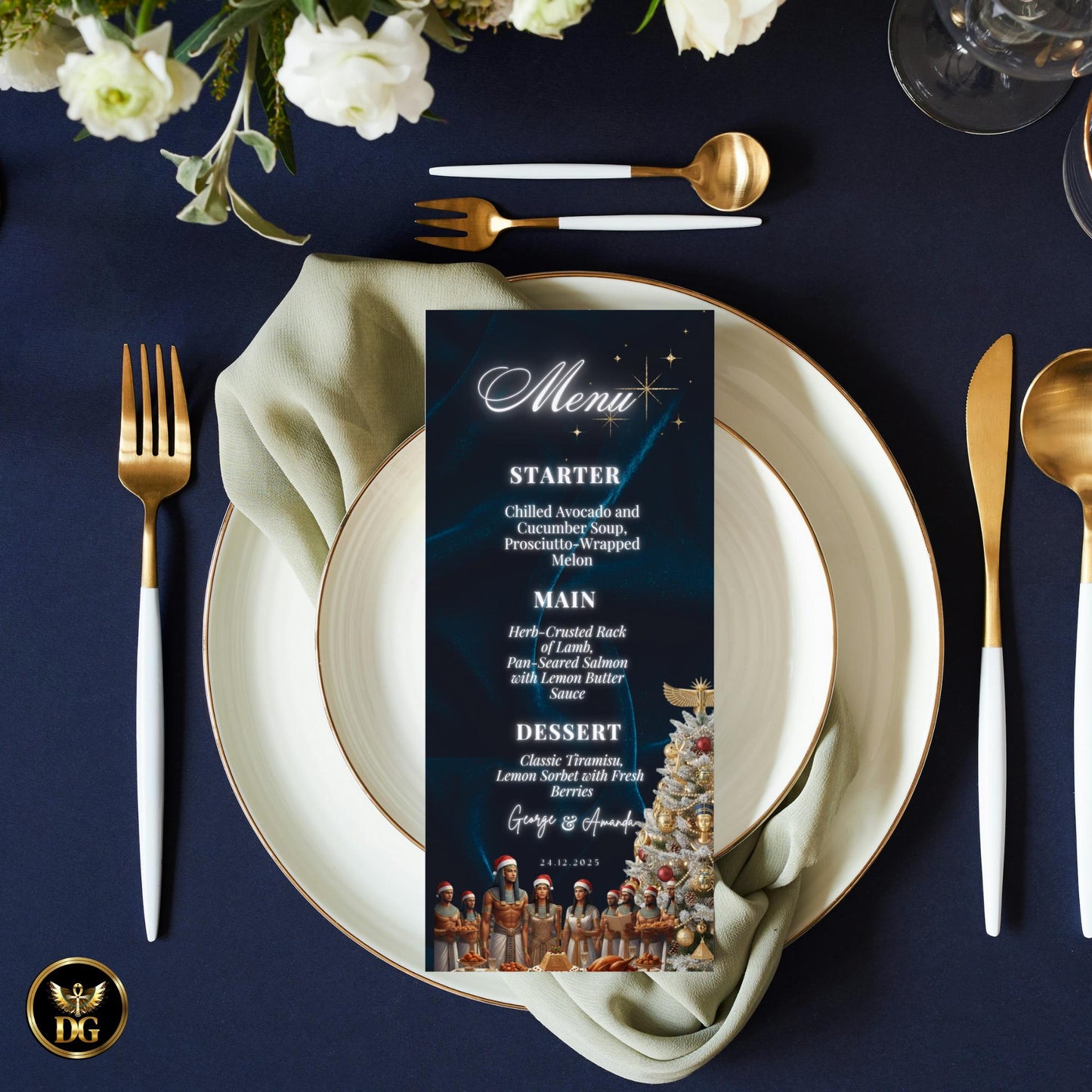 Egyptian Christmas Dinner Party Bundle | Pharaonic Canva Templates | Ancient Egypt Invitations, Menu, RSVP, Holiday Decor Printable
