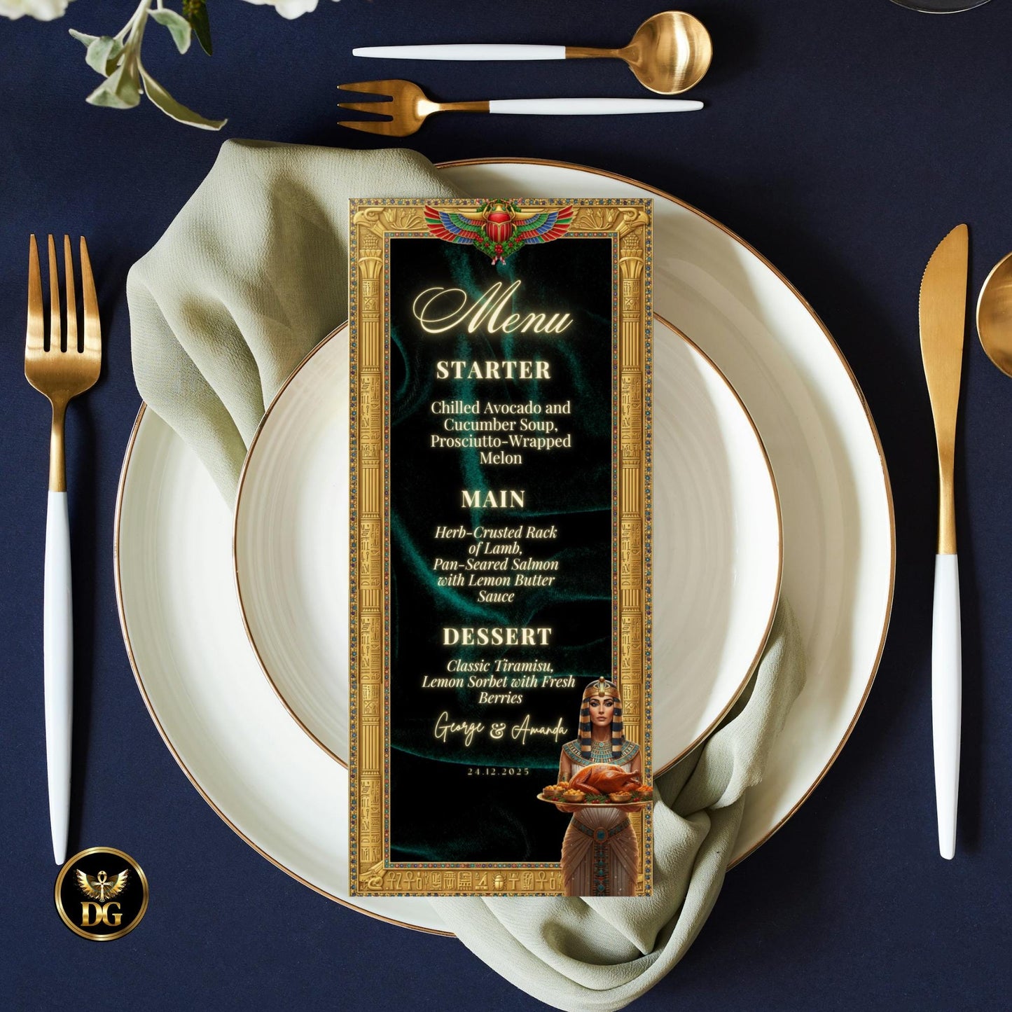 Emerald Pharaoh Christmas Bundle — Luxurious Egyptian Queen Feast | Gold Frame, Velvet Background, Royal Christmas Dinner Invitation Set