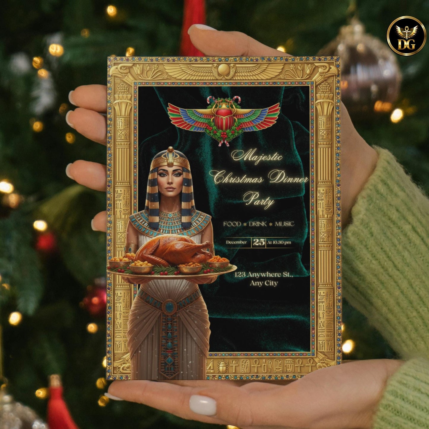 Emerald Pharaoh Christmas Bundle — Luxurious Egyptian Queen Feast | Gold Frame, Velvet Background, Royal Christmas Dinner Invitation Set