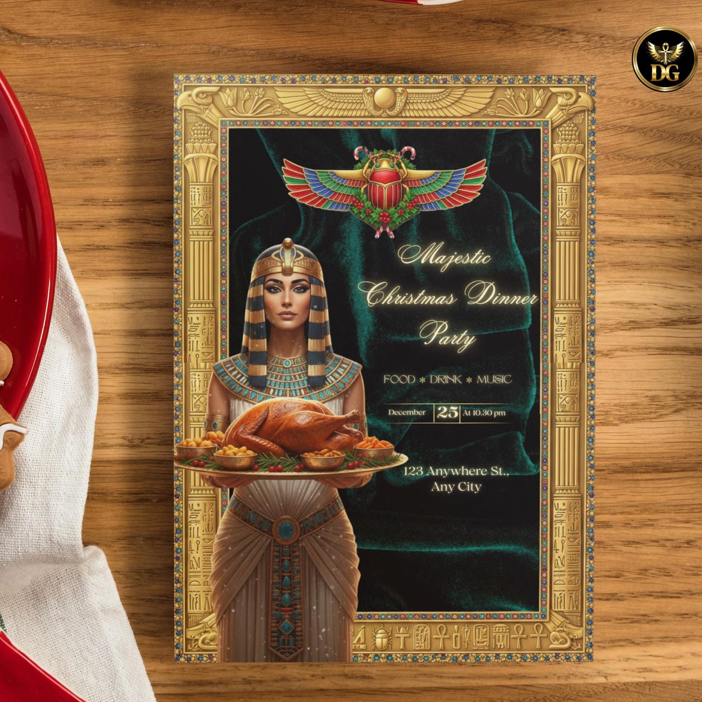 Emerald Pharaoh Christmas Bundle — Luxurious Egyptian Queen Feast | Gold Frame, Velvet Background, Royal Christmas Dinner Invitation Set