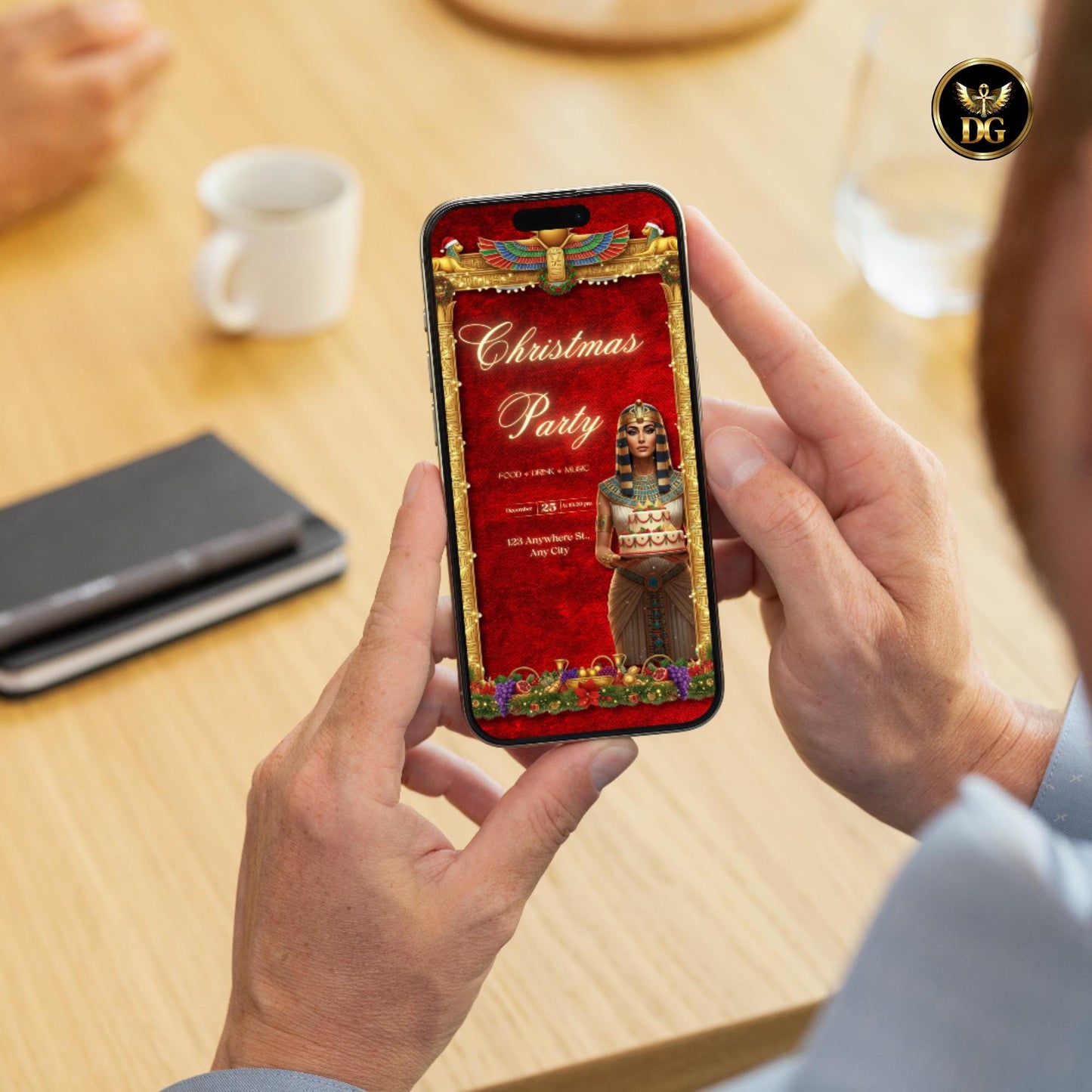 Red Velvet Pharaoh Christmas Party Bundle | Egyptian Queen Pyramid Cake | Gold Frame Holiday Invitation Set