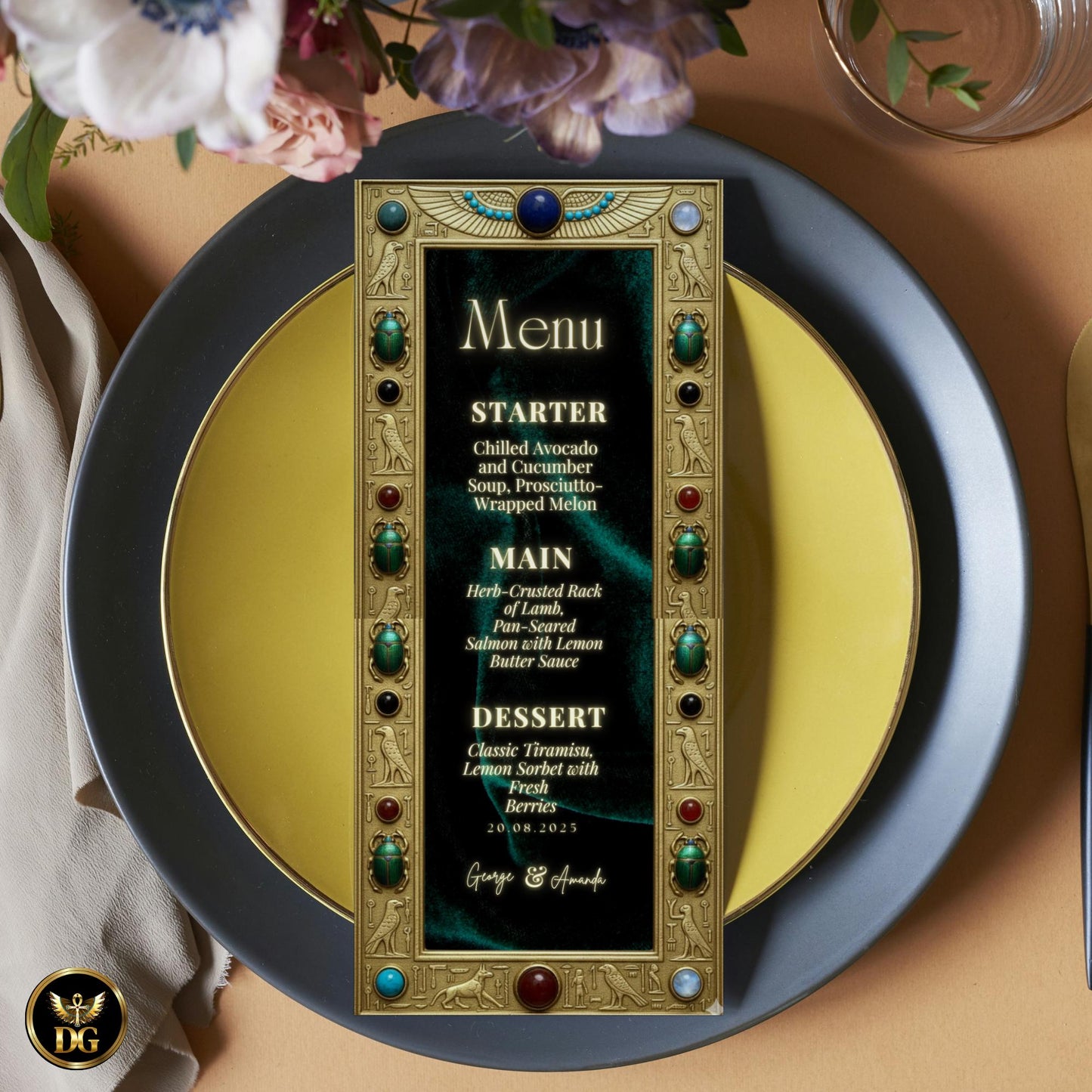 Emerald Egyptian Velvet Invitation Suite – Vintage Pharaonic Frame & Jewel-Adorned Royal Wedding Template