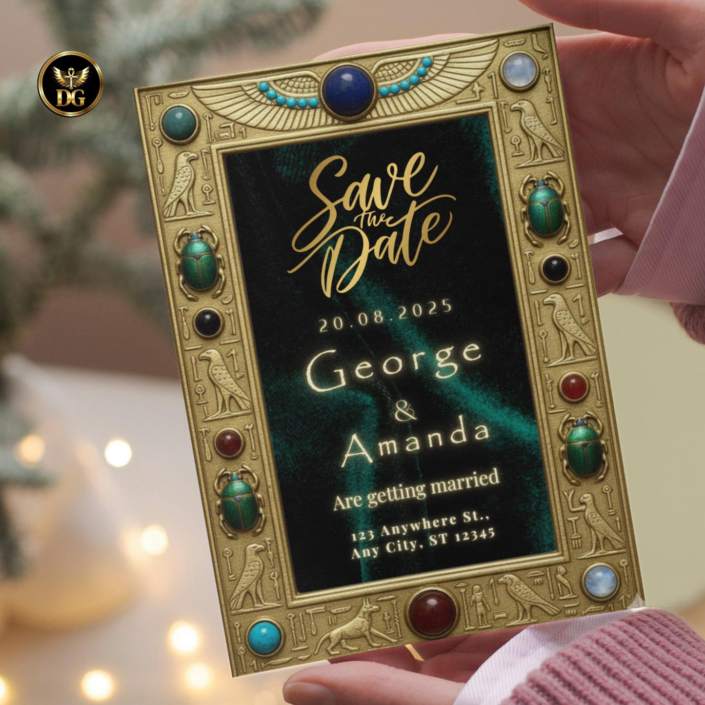 Emerald Egyptian Velvet Invitation Suite – Vintage Pharaonic Frame & Jewel-Adorned Royal Wedding Template