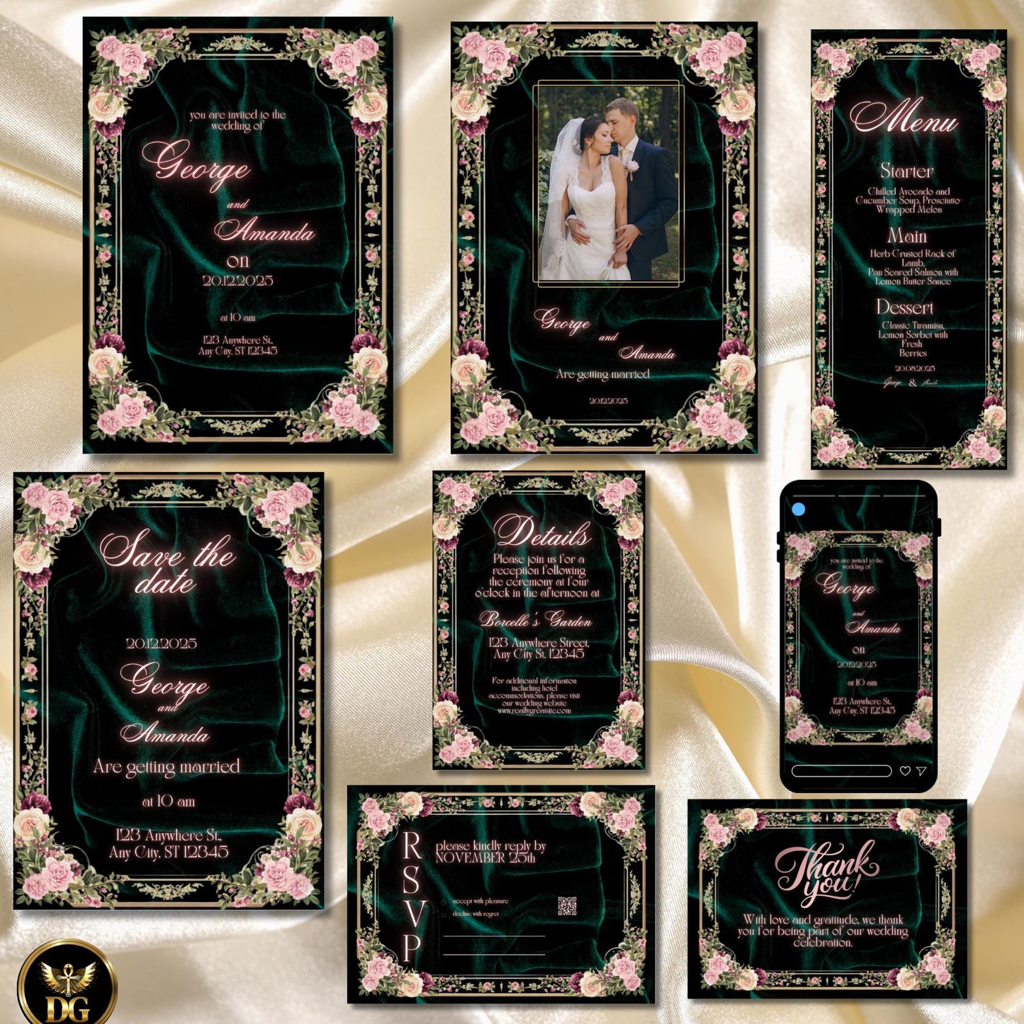 Emerald Velvet Wedding Invitation Suite | Luxury Floral Frame Canva Template | Elegant Green Velvet Wedding Set