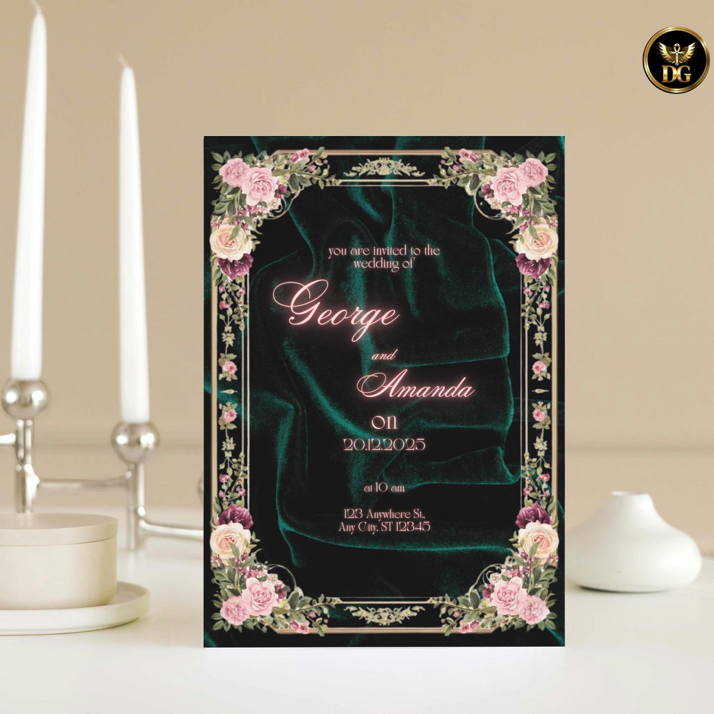 Emerald Velvet Wedding Invitation Suite | Luxury Floral Frame Canva Template | Elegant Green Velvet Wedding Set