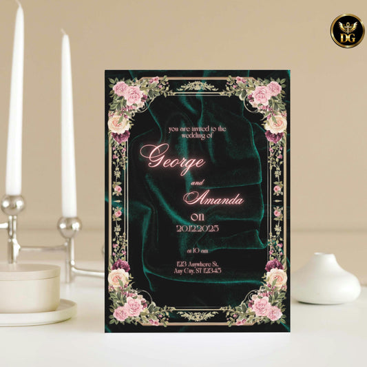 Emerald Velvet Wedding Invitation Suite | Luxury Floral Frame Canva Template | Elegant Green Velvet Wedding Set