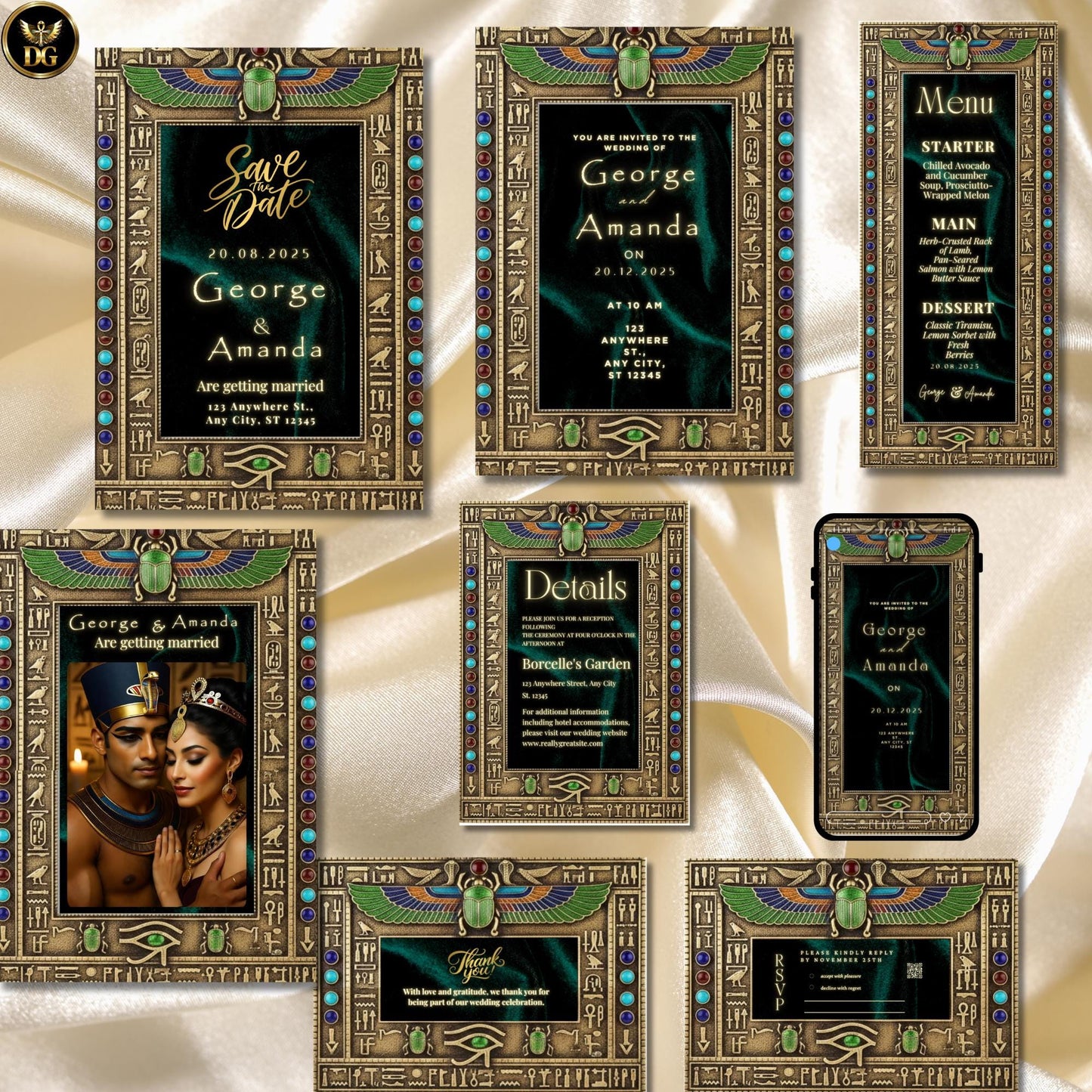 The Emerald Dynasty – Luxurious Emerald Velvet & Gold Egyptian Wedding Bandal Invitation Suite
