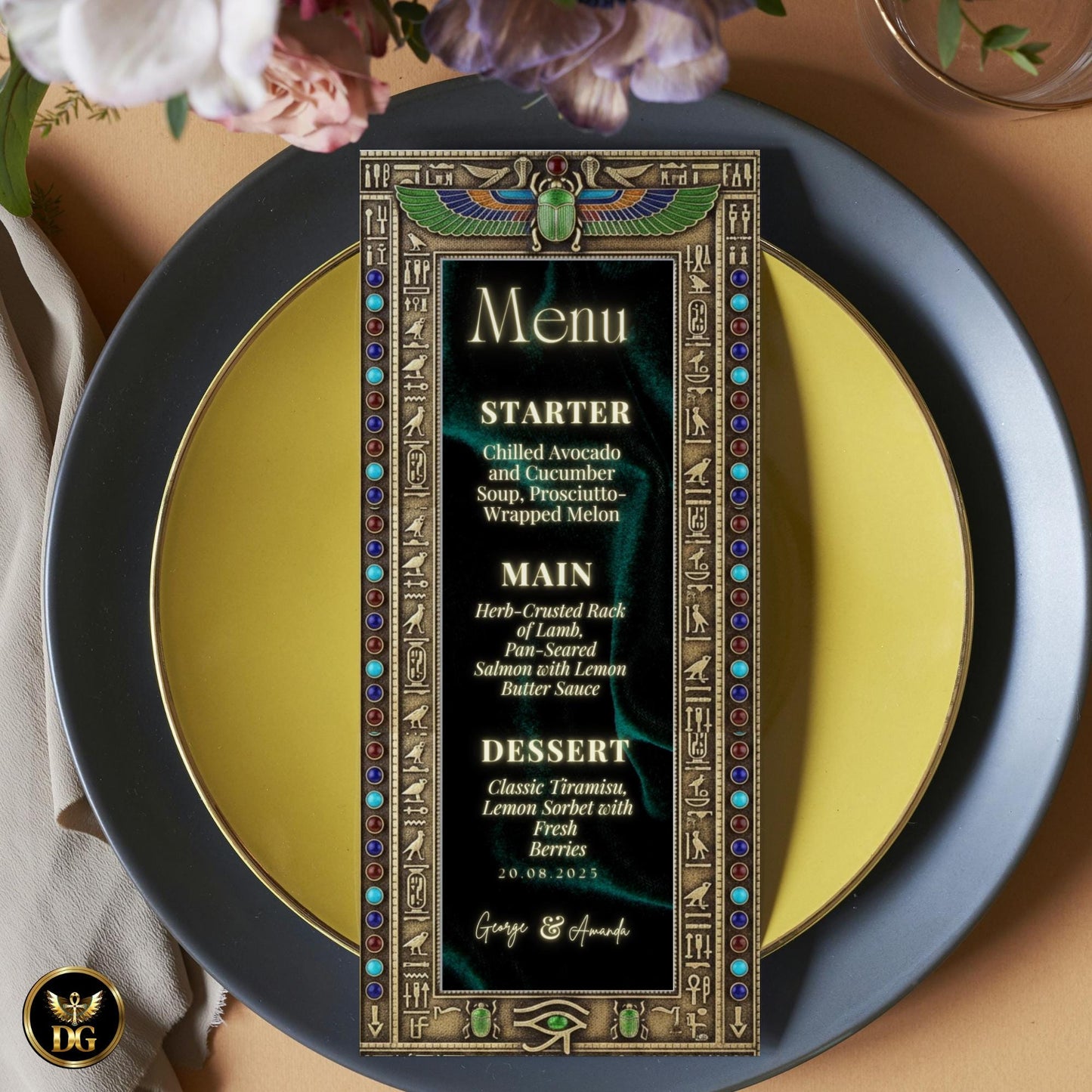 The Emerald Dynasty – Luxurious Emerald Velvet & Gold Egyptian Wedding Bandal Invitation Suite