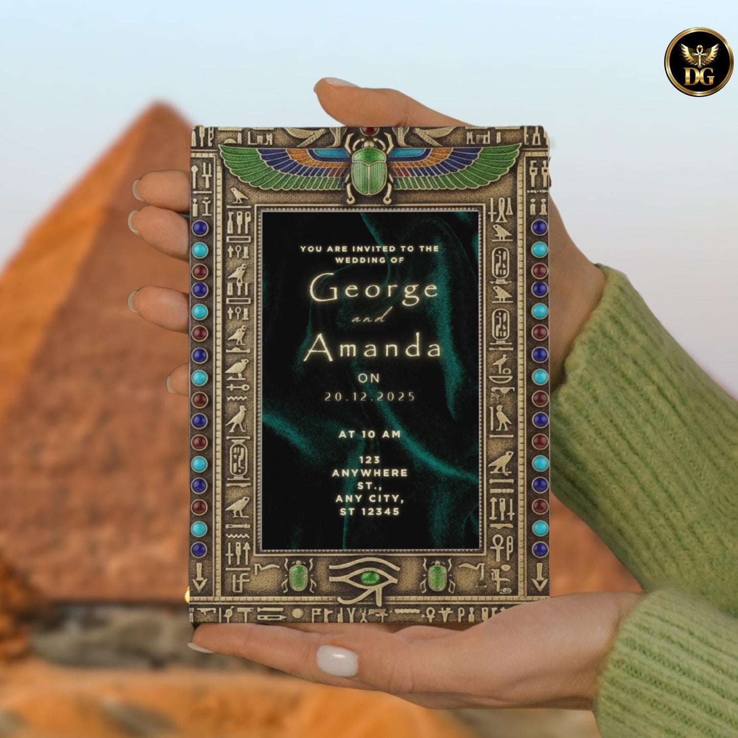 The Emerald Dynasty – Luxurious Emerald Velvet & Gold Egyptian Wedding Bandal Invitation Suite