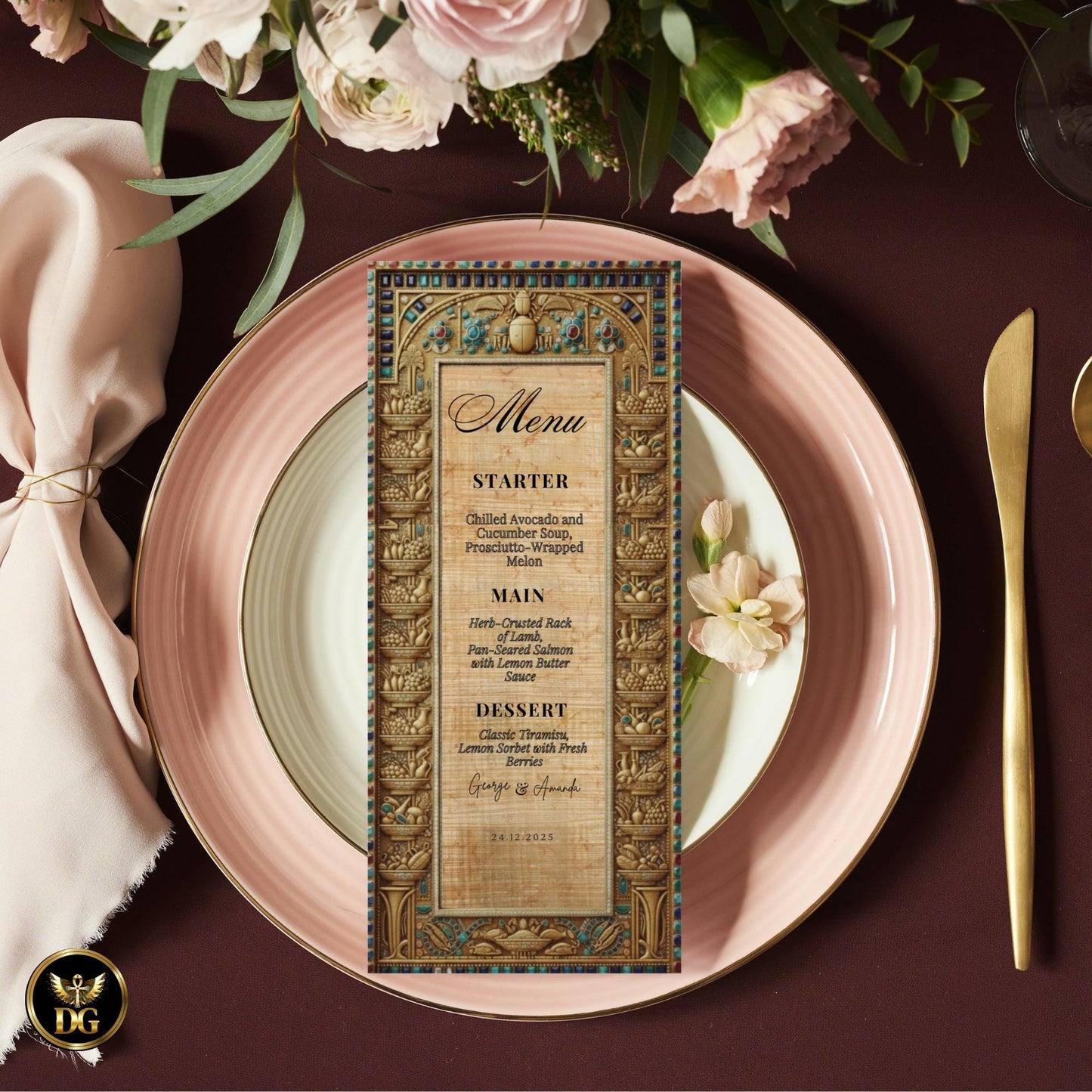 Egyptian Papyrus Royal Set – Vintage Pharaoh Dinner Invitation, Menu, Details, RSVP & Thank You Cards