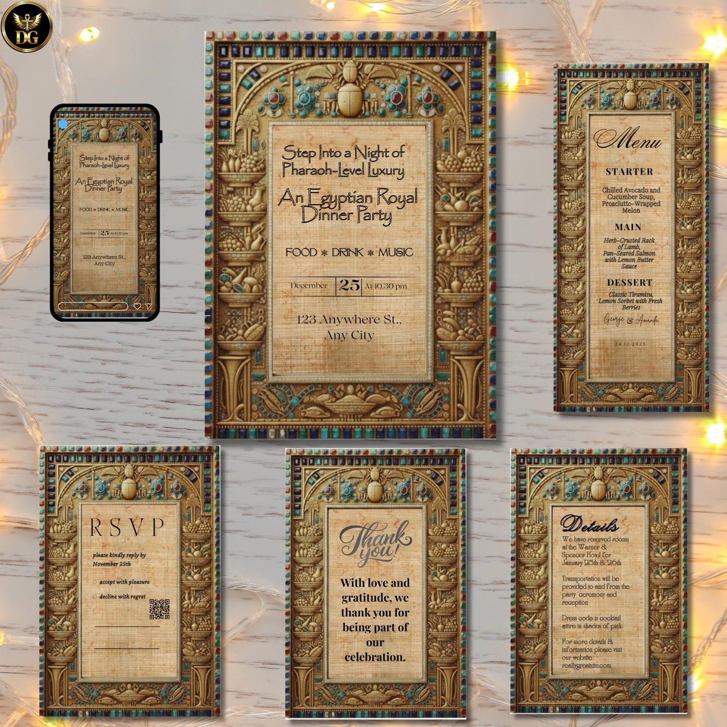 Egyptian Papyrus Royal Set – Vintage Pharaoh Dinner Invitation, Menu, Details, RSVP & Thank You Cards