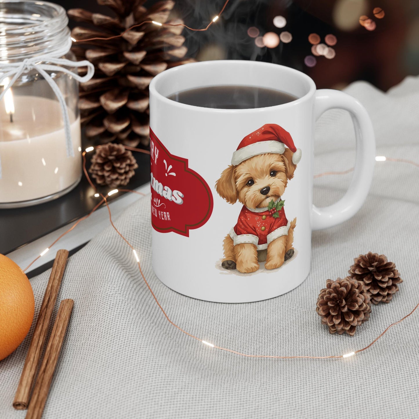 Cute Puppy in Santa Hat Mug | Merry Christmas Holiday Coffee Cup