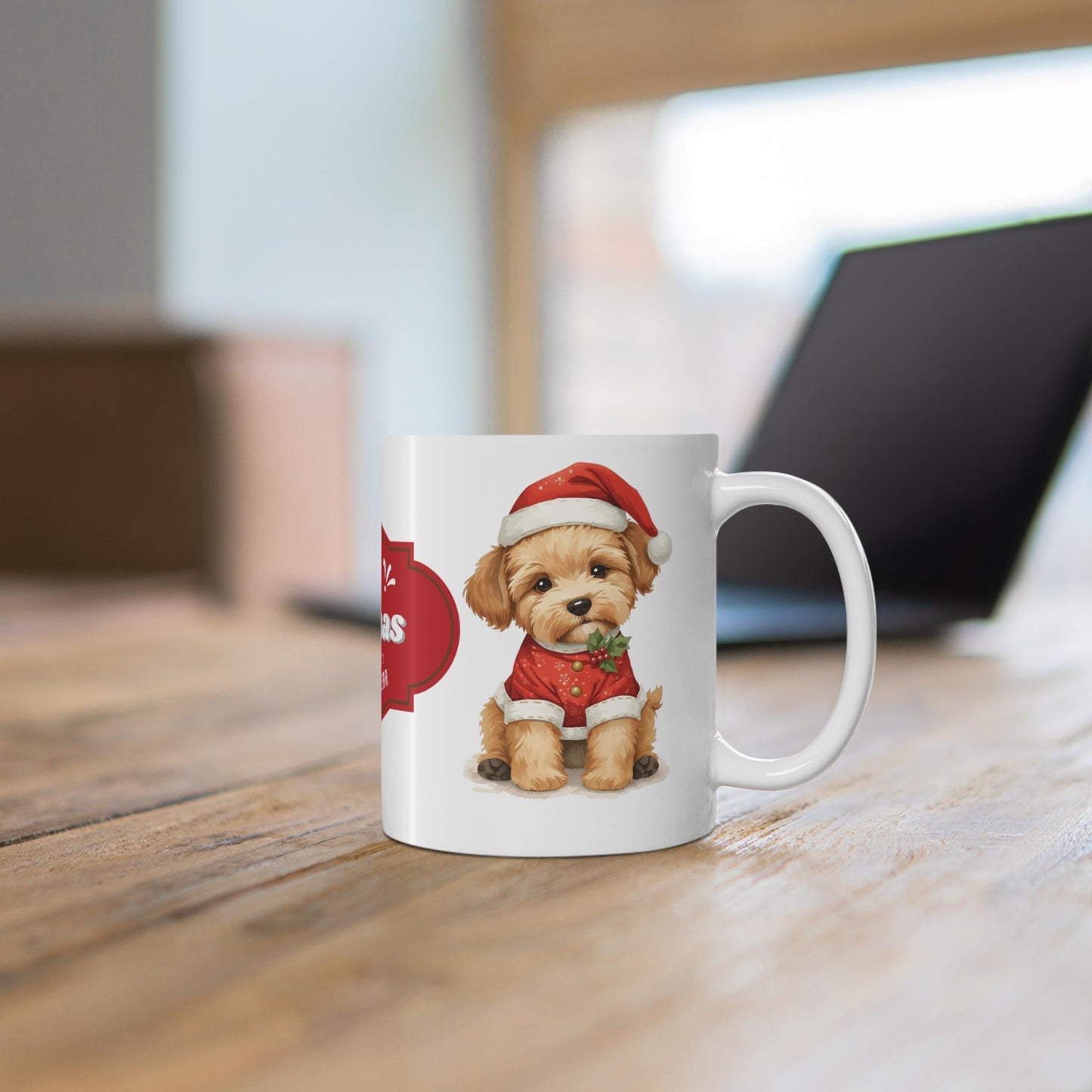 Cute Puppy in Santa Hat Mug | Merry Christmas Holiday Coffee Cup