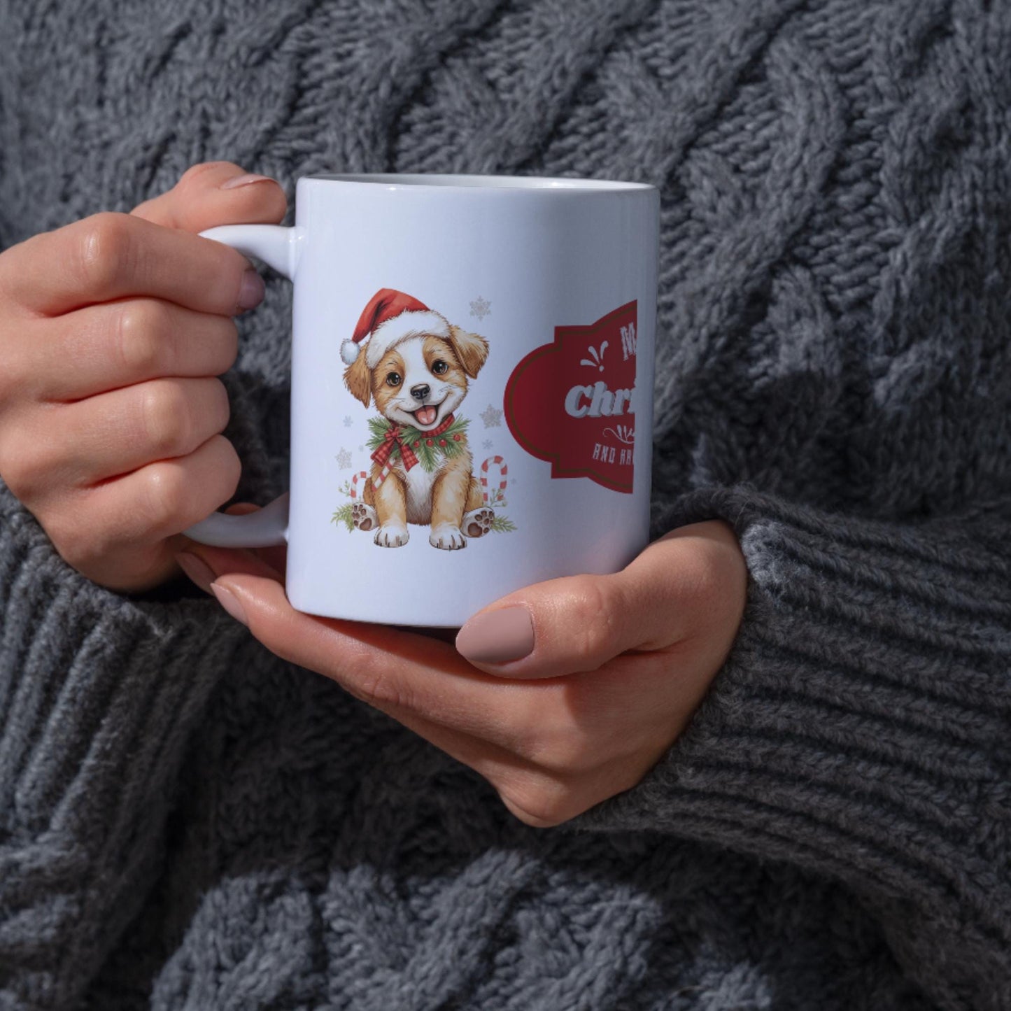 Cute Puppy in Santa Hat Mug | Merry Christmas Holiday Coffee Cup