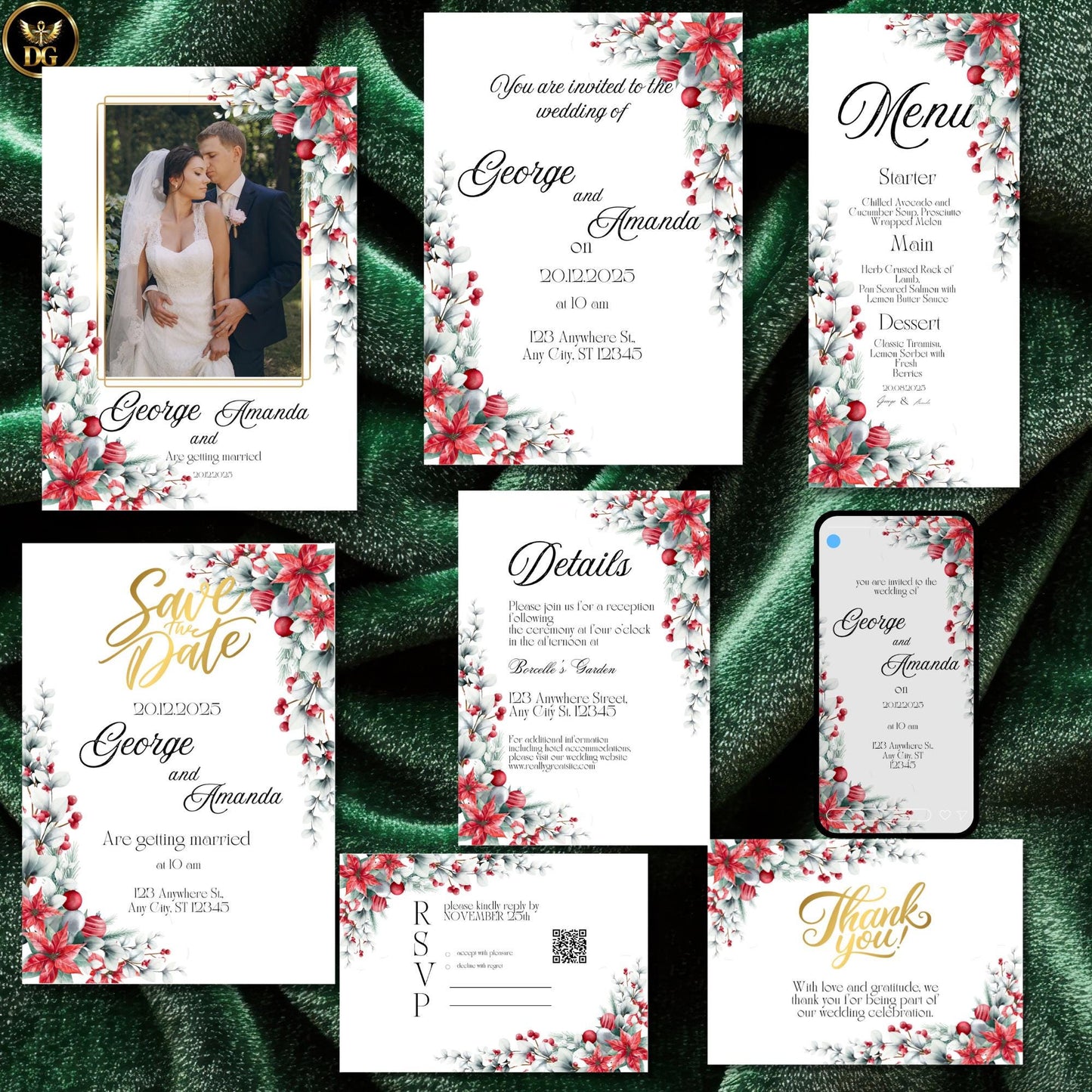 Christmas Floral Wedding Invitation Suite with Clean White Background & Festive Winter Border – Editable Holiday Printable Bundle
