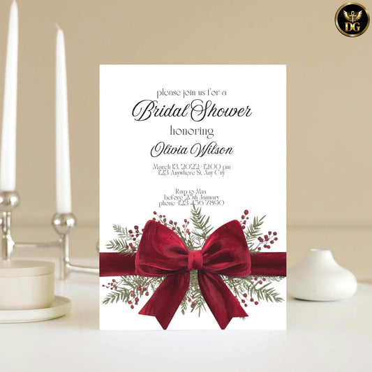 Elegant Luxe Velvet Invitation Bundle – Red Bow & Greenery for Bridal Shower, Wedding, Valentine’s and Birthdays