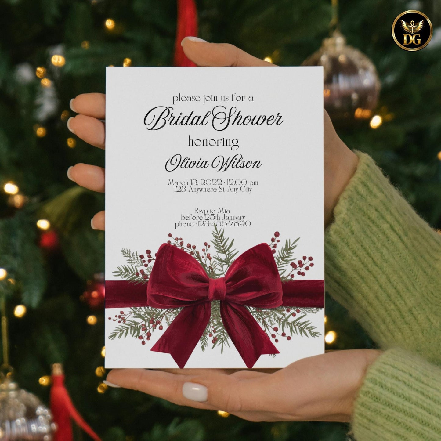 Elegant Luxe Velvet Invitation Bundle – Red Bow & Greenery for Bridal Shower, Wedding, Valentine’s and Birthdays