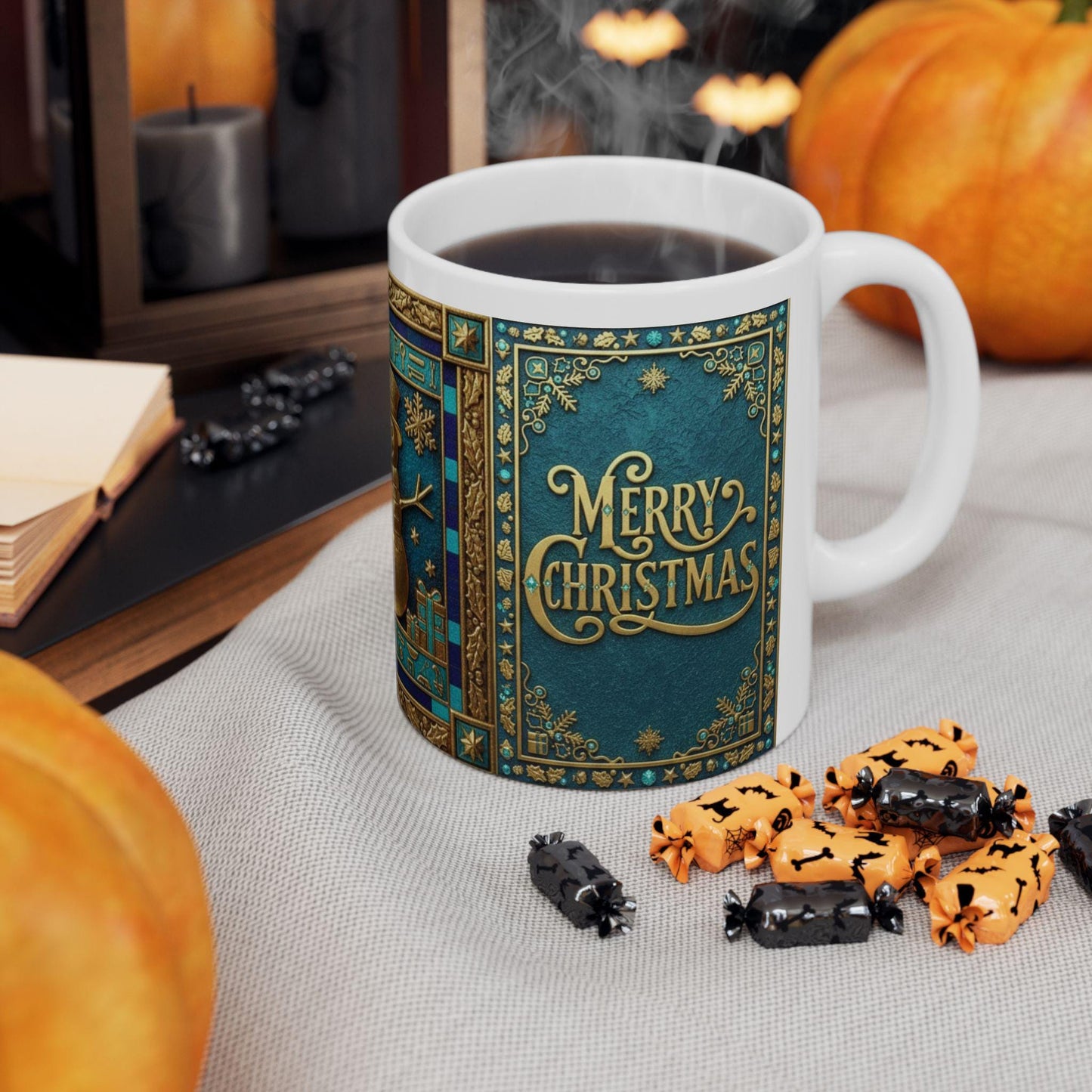 Gold Snowman and Christmas Tree Mug | Blue Vintage Holiday Ceramic Mug with Egyptian Blue & Pharaonic Accents