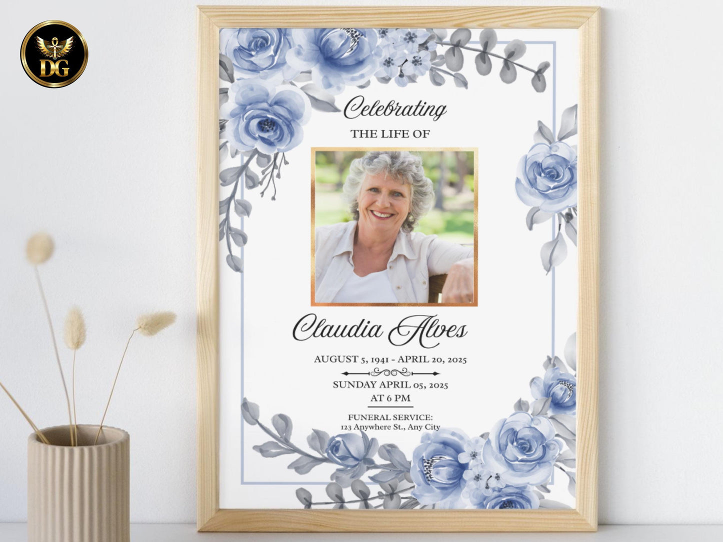 Funeral Invitation & Program Template | Soft Blue Floral Frame | Printable  Digital Memorial Set | Editable Canva