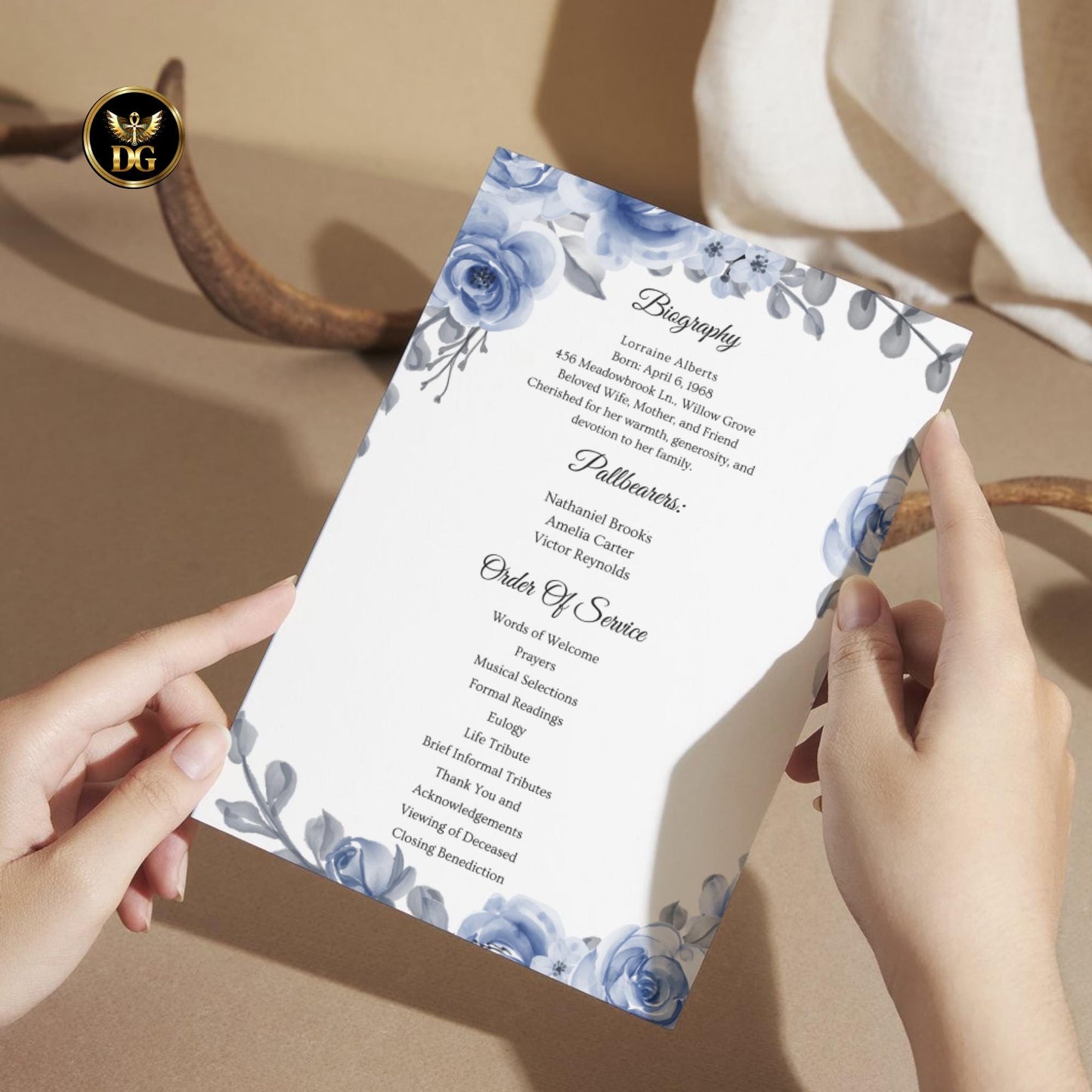 Funeral Invitation & Program Template | Soft Blue Floral Frame | Printable  Digital Memorial Set | Editable Canva