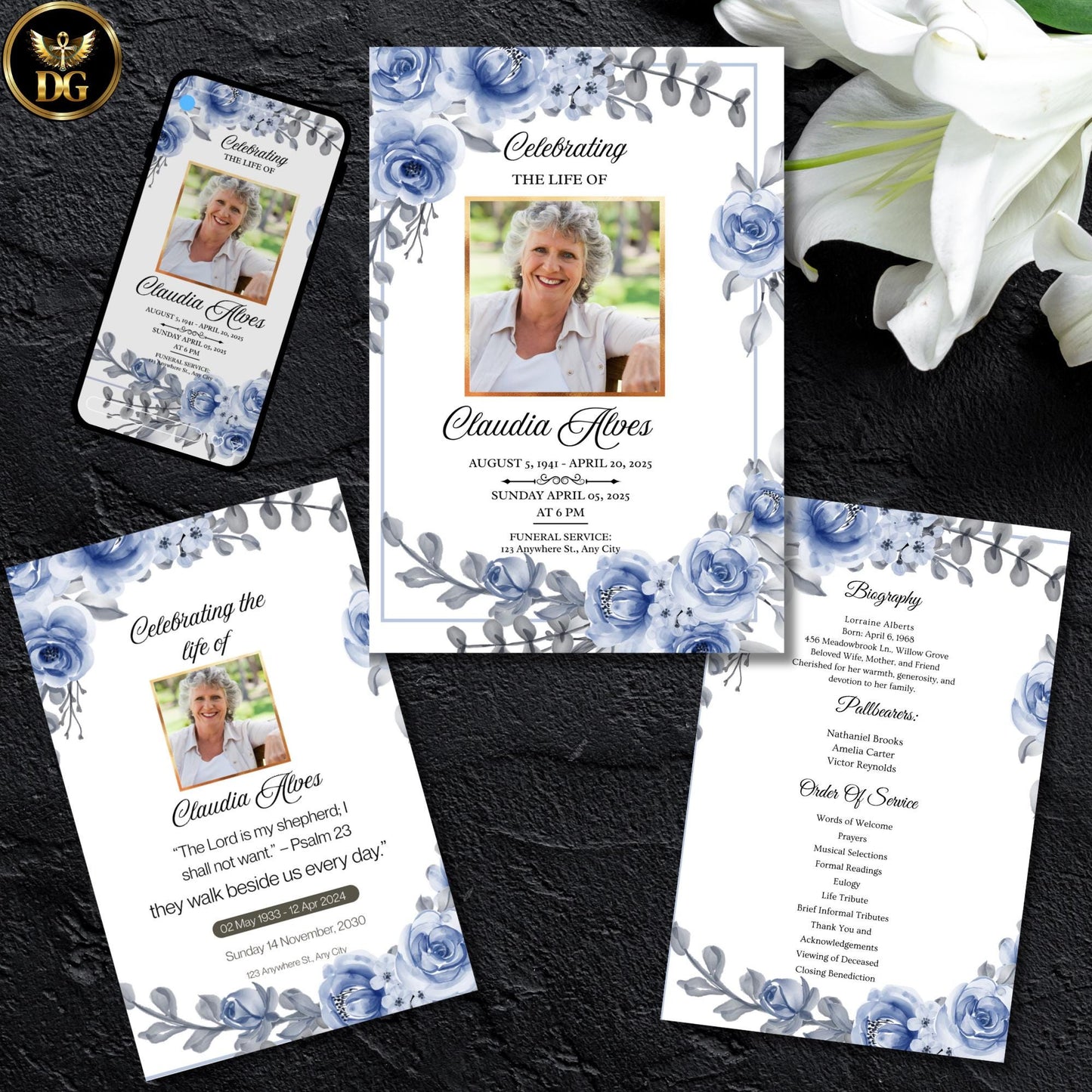 Funeral Invitation & Program Template | Soft Blue Floral Frame | Printable  Digital Memorial Set | Editable Canva