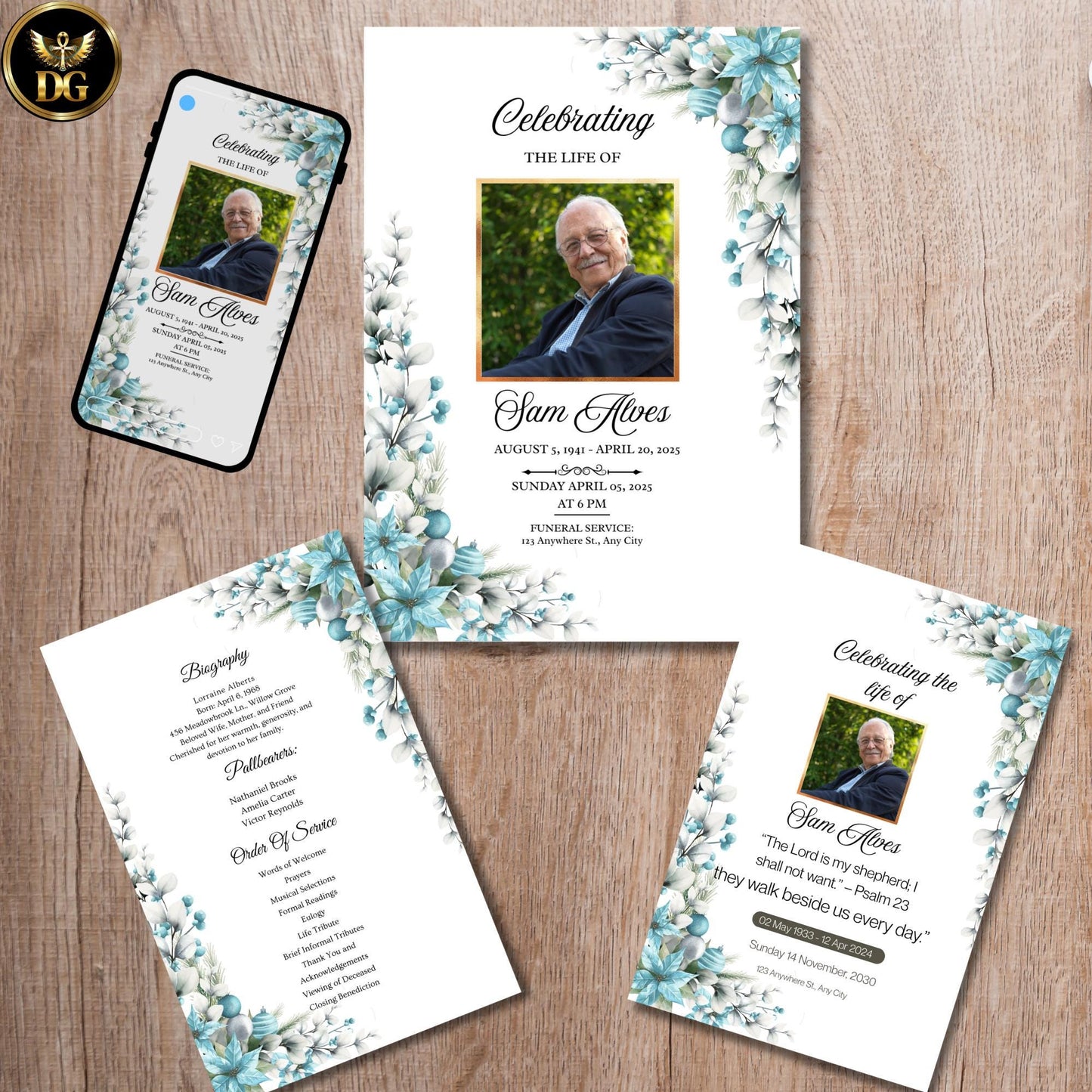 Elegant Blush Blue Funeral Invitation & Program Template – Digital Download for Memorials Celebrations of Life
