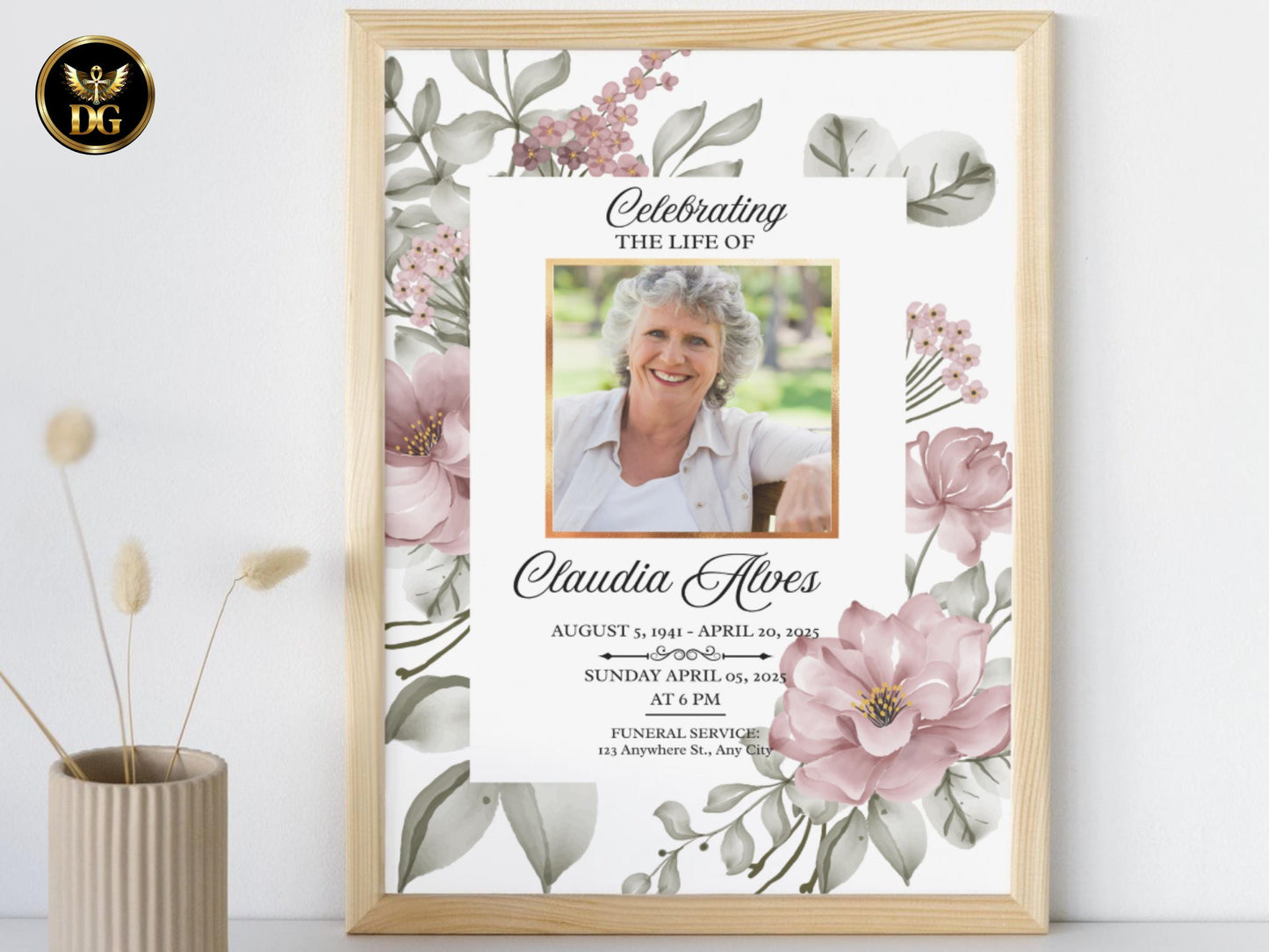 Blush Pink Floral Funeral Template, Elegant Memorial Program, Sympathy Invitation, Celebration of Life, Editable Canva, Digital Download