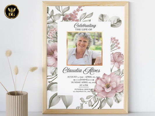 Blush Pink Floral Funeral Template, Elegant Memorial Program, Sympathy Invitation, Celebration of Life, Editable Canva, Digital Download