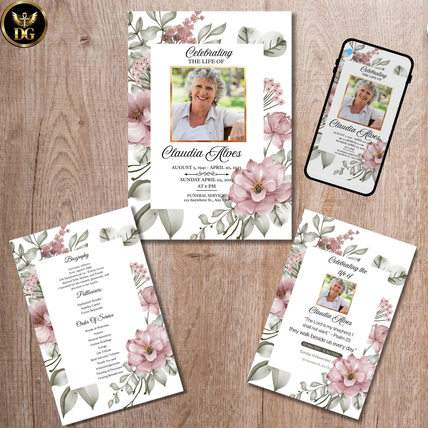Blush Pink Floral Funeral Template, Elegant Memorial Program, Sympathy Invitation, Celebration of Life, Editable Canva, Digital Download