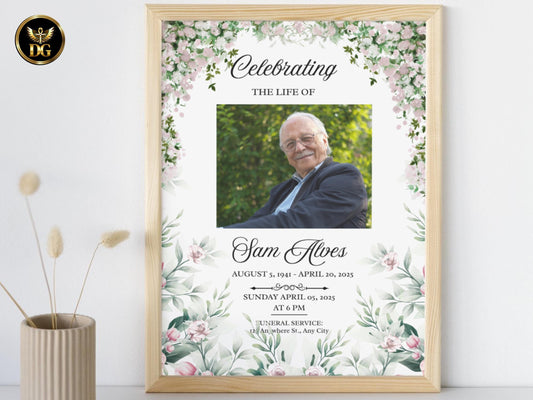 Blush Pink Rose Funeral Template, Elegant Memorial Program, Soft Floral Invitation, Celebration of Life, Editable Canva, Digital Download