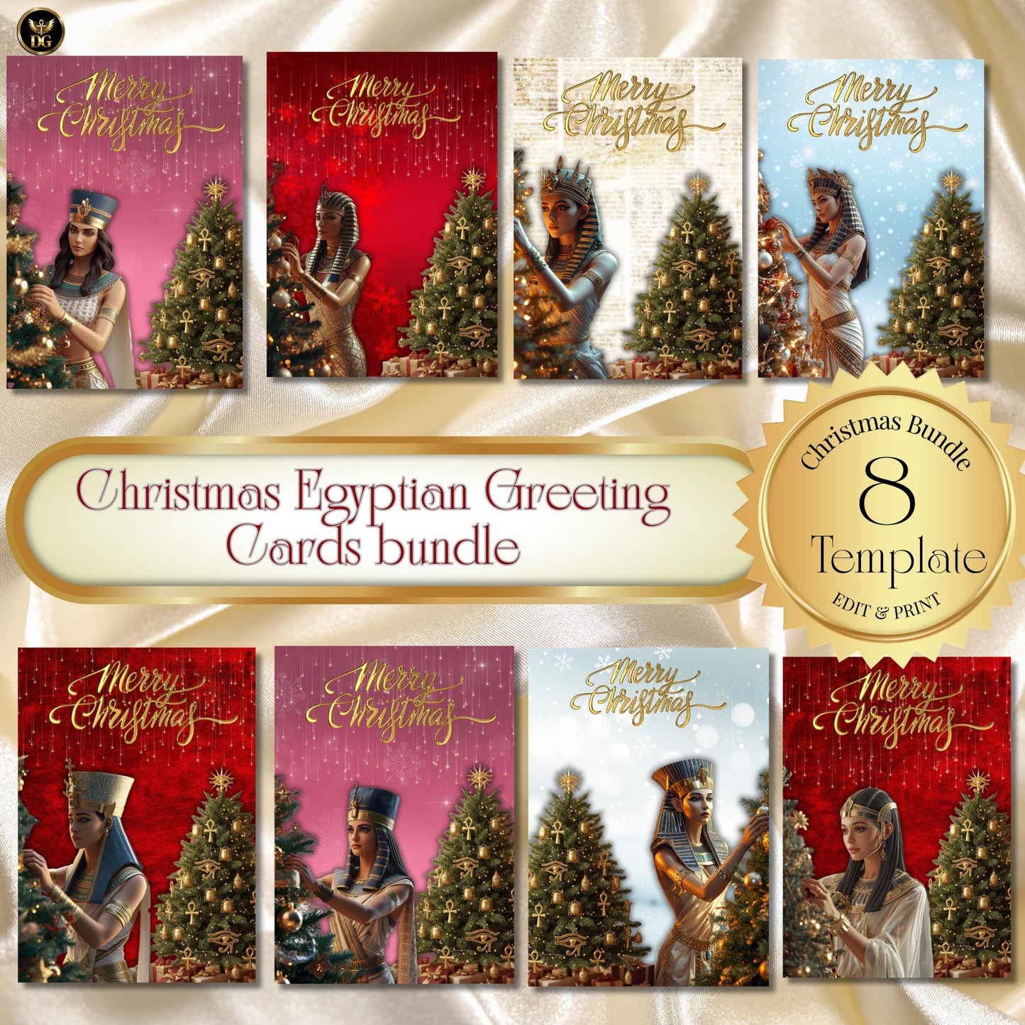 Bundle of 8 Luxe Pharaoh Queen Christmas Cards – Editable Canva Templates – Instant Download