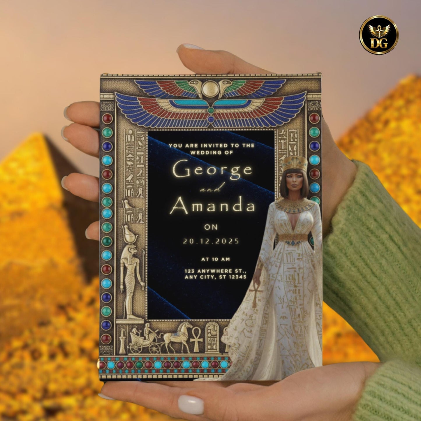The Sapphire Dynasty | Egyptian Wedding Invitation Suite – Luxury Navy Blue & Gold Digital Invitations for Pharaoh-Themed Weddings