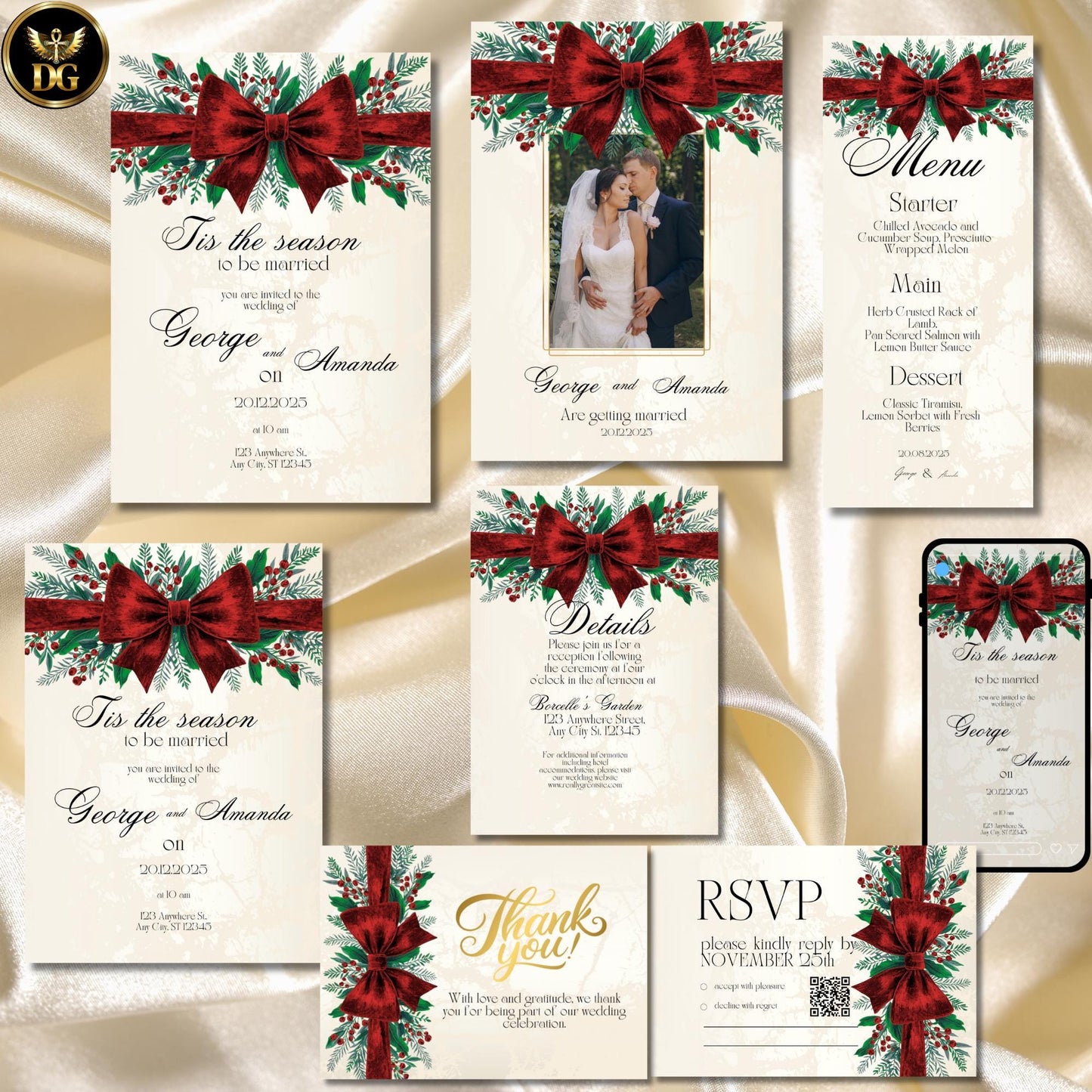 Christmas Wedding Invitation Suite Luxe Velvet Red Bow Evergreen Berries Cream Gold ’Tis the Season to Be Married Printable + Digital