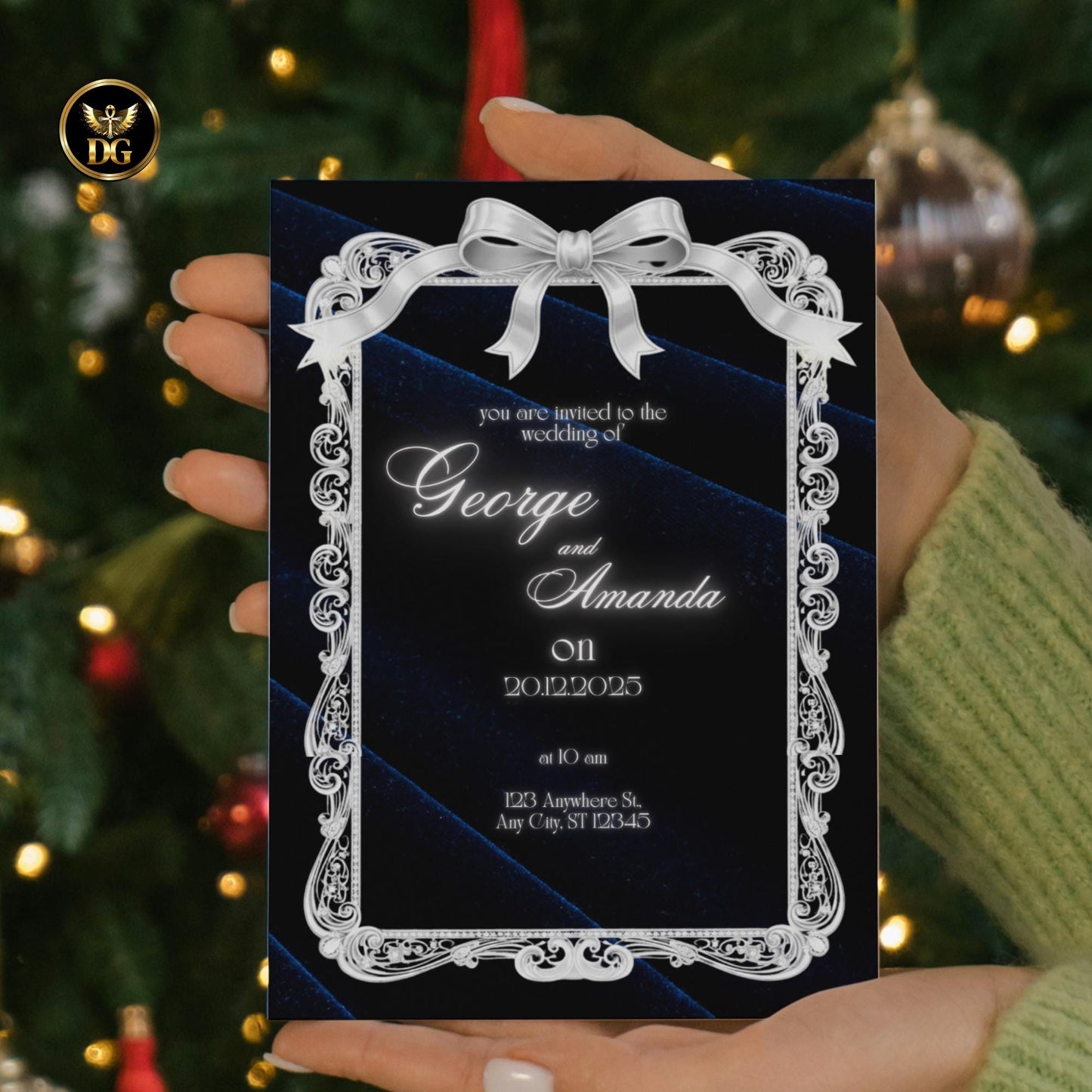 Navy Velvet & White Gold Diamond Wedding Invitation Suite with Bow | Luxury Royal Canva Template Elegant Opulent Design